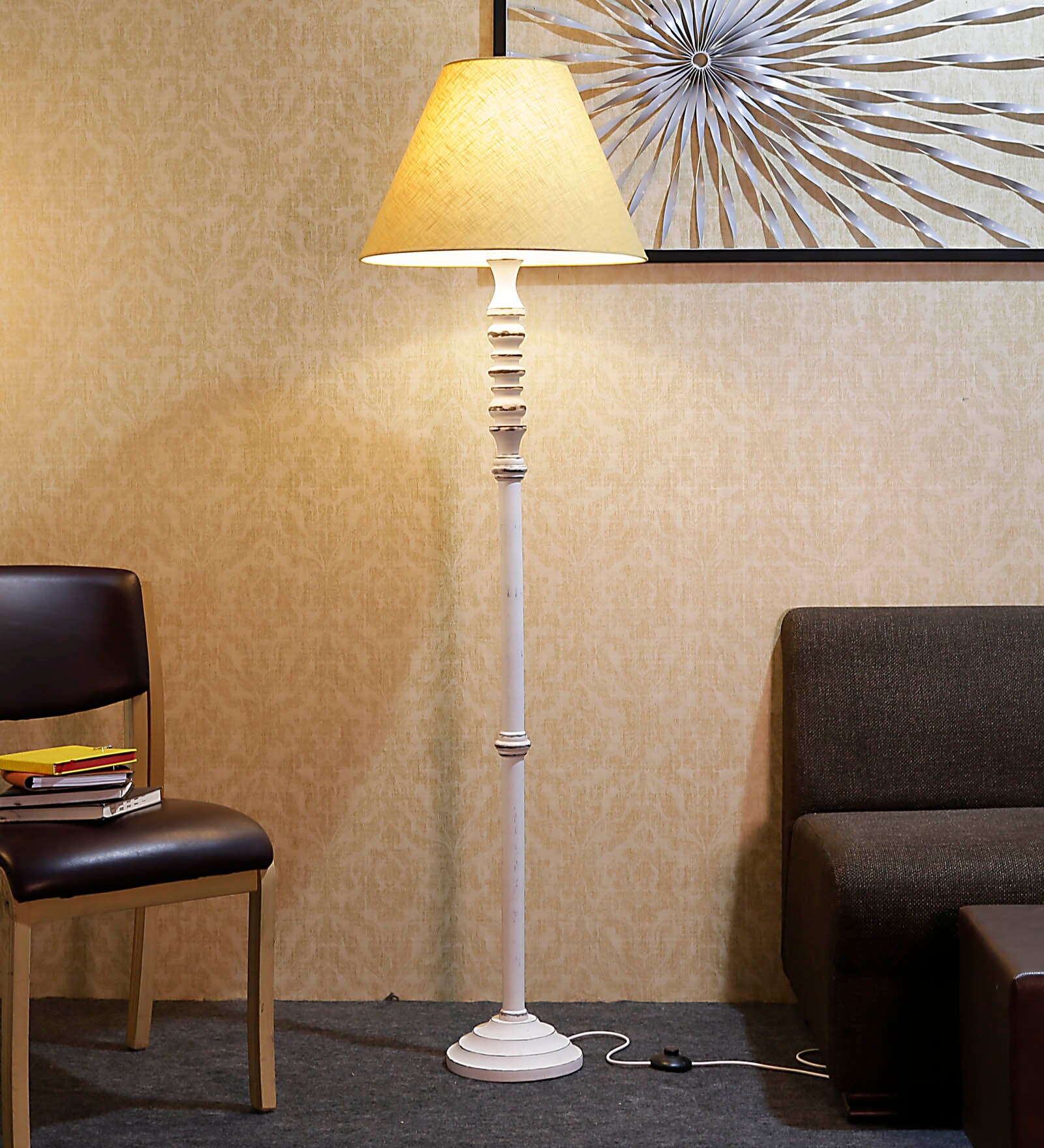 Buy Brown Fabric Shade Floor Lamp with White Base by Craftter Online