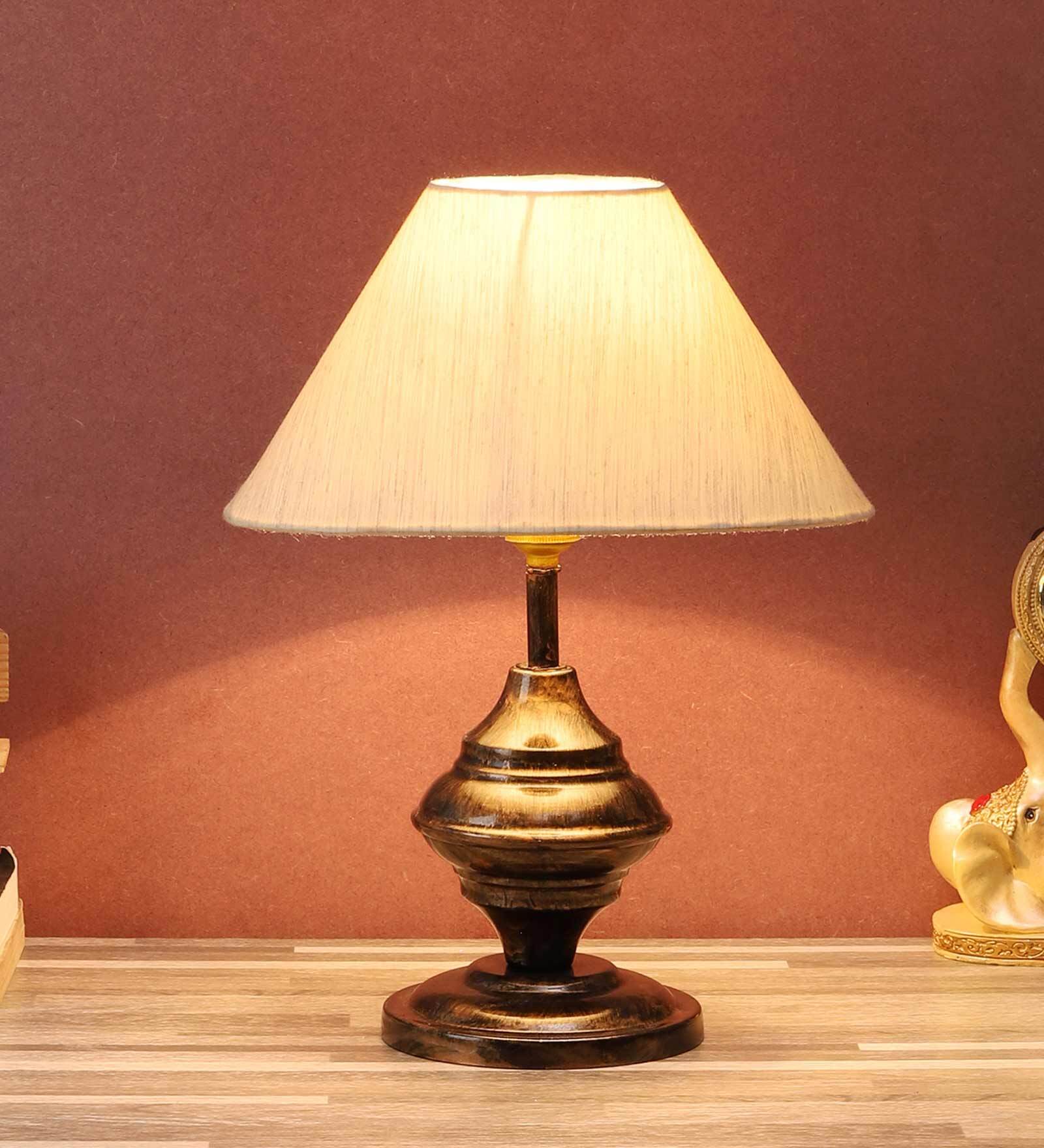 Brown Fabric Shade Table Lamp With Copper Base