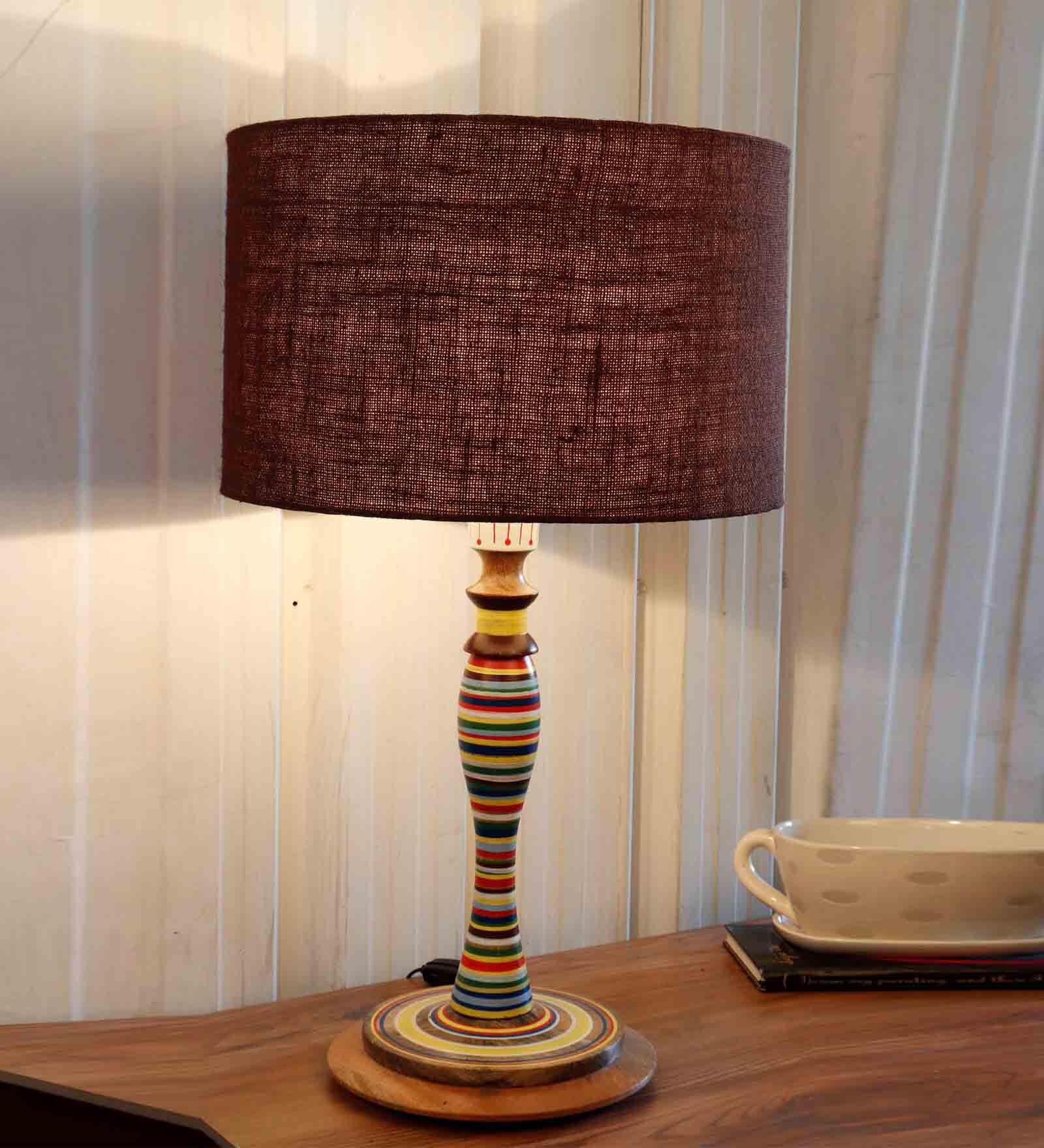 Bling Brown Fabric Shade Night Lamp With Wood Base