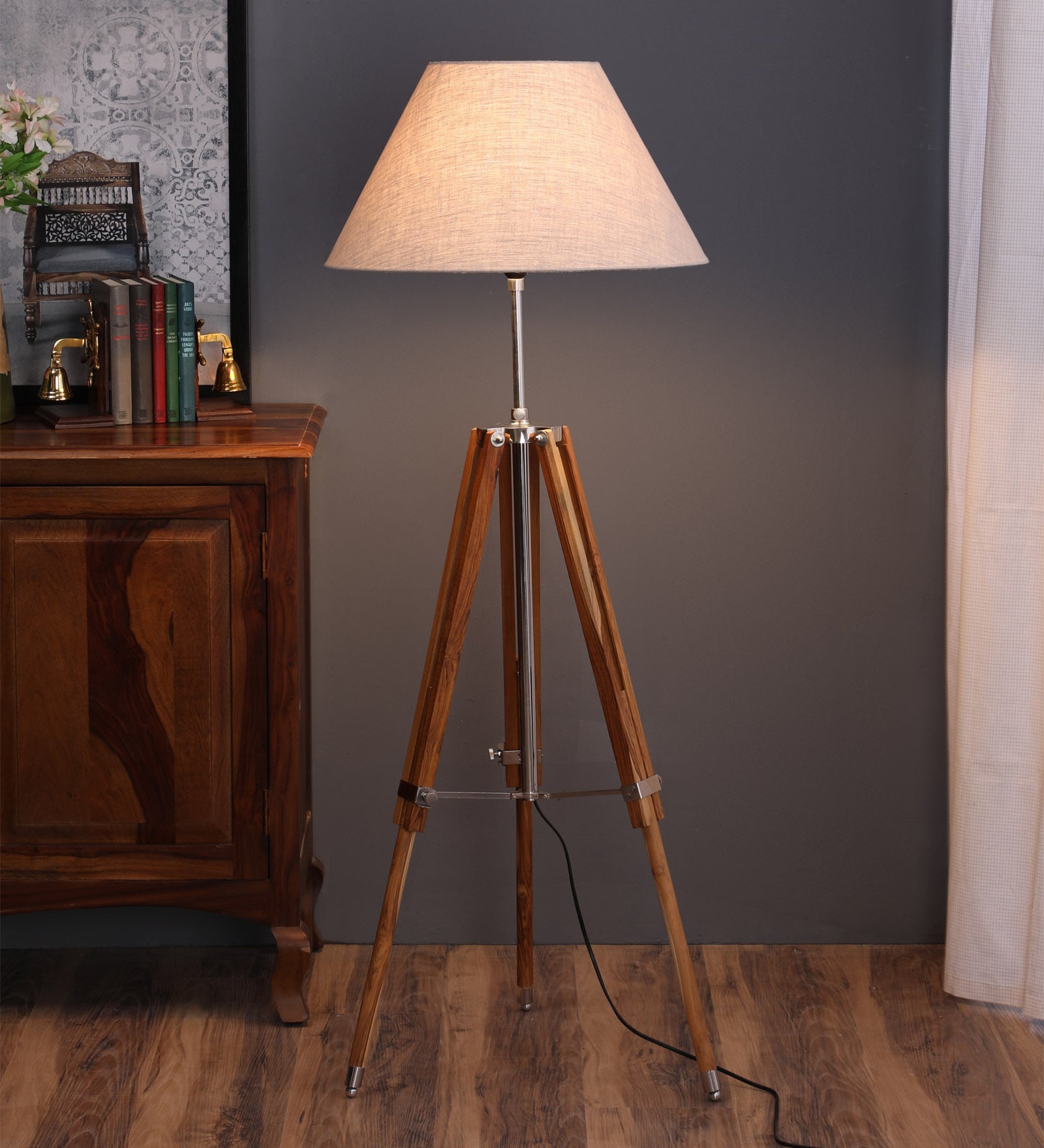 Brown Fabric Shade Tripod Floor Lamp With Beige Base
