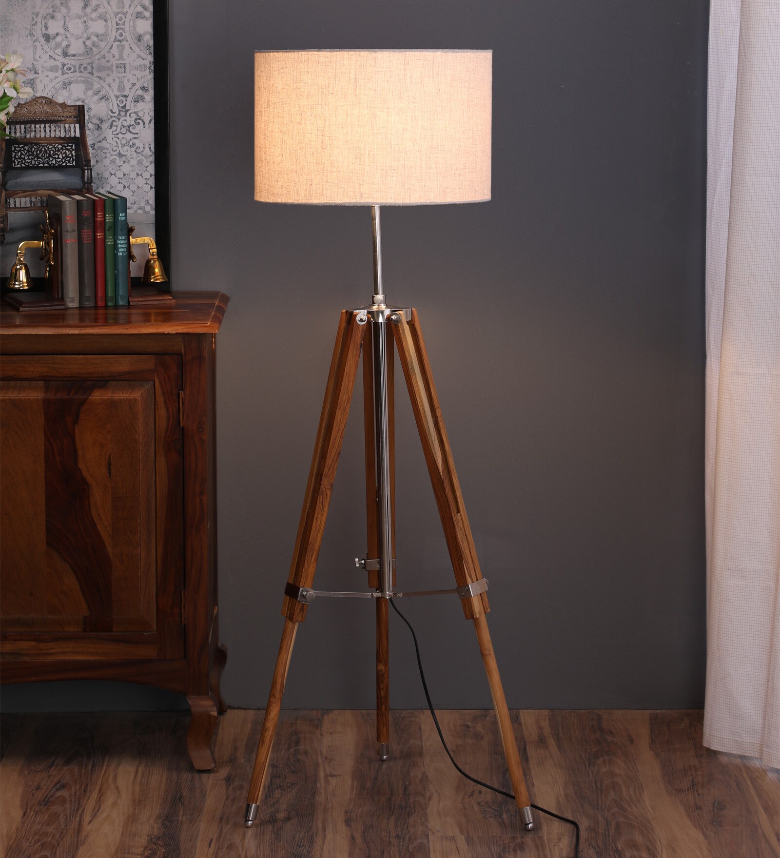Brown Fabric Shade Tripod Floor Lamp with Beige Base