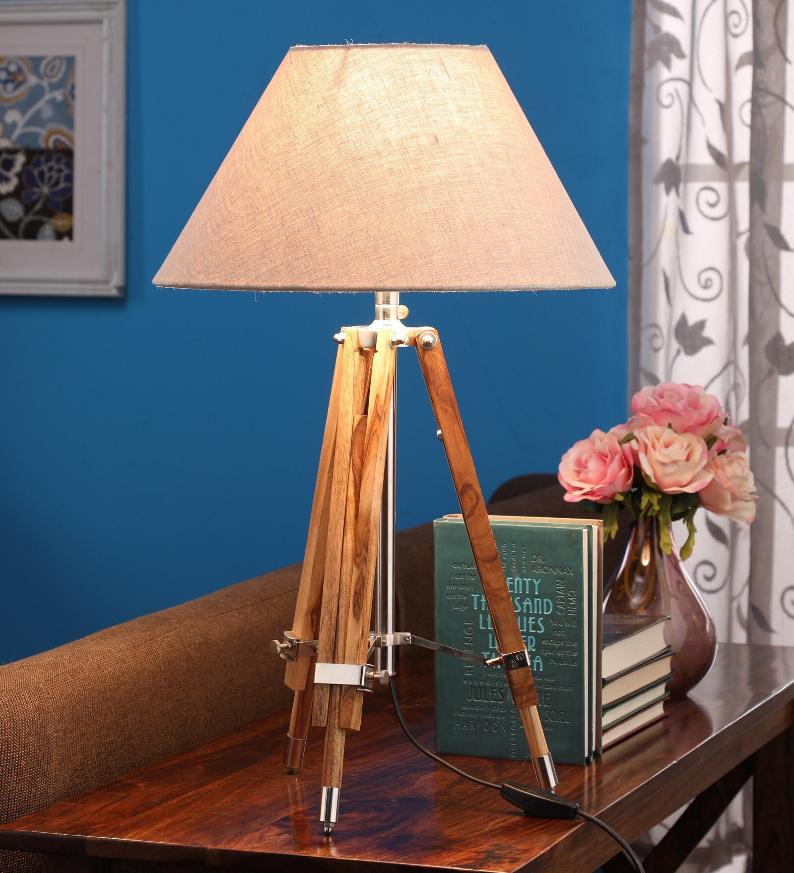 Buy Brown Fabric Shade Tripod Table Lamp with Beige Base at 45% OFF by ...