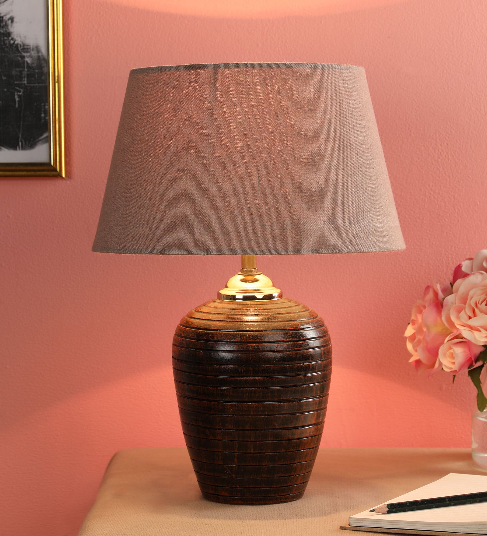 Humphry Brown Fabric Shade Night Lamp With Teracotta Base