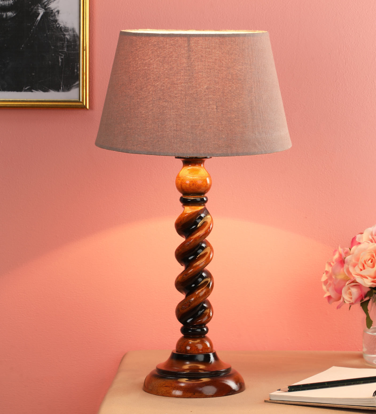 Brown Fabric Shade Table Lamp with Brown Base