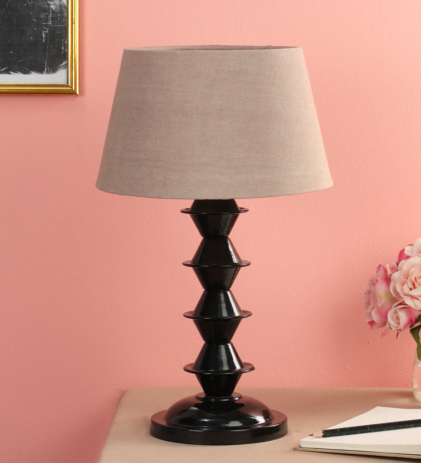 Brown Fabric Shade Table Lamp with Black Base