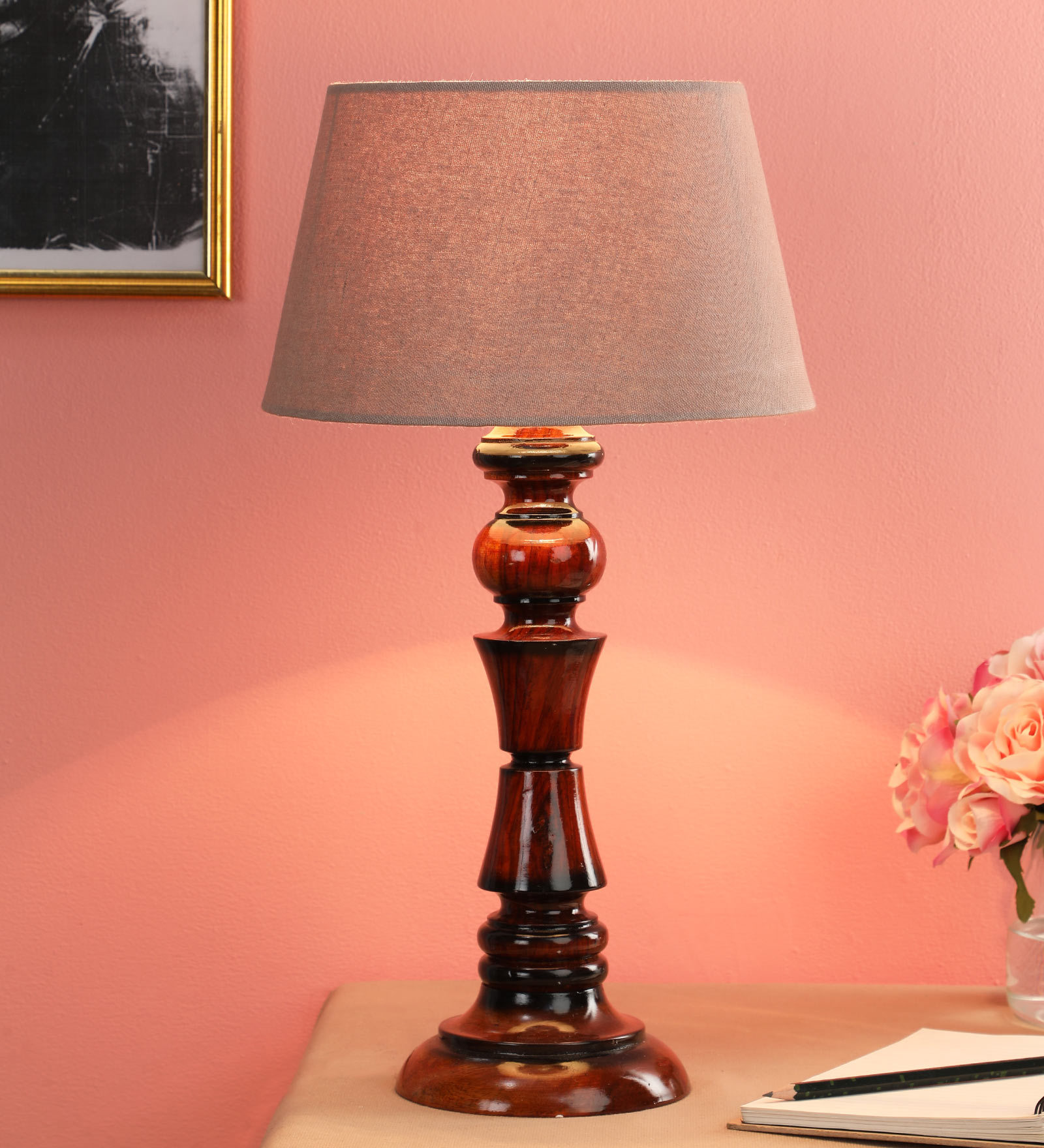 Brown Fabric Shade Table Lamp with Brown Base