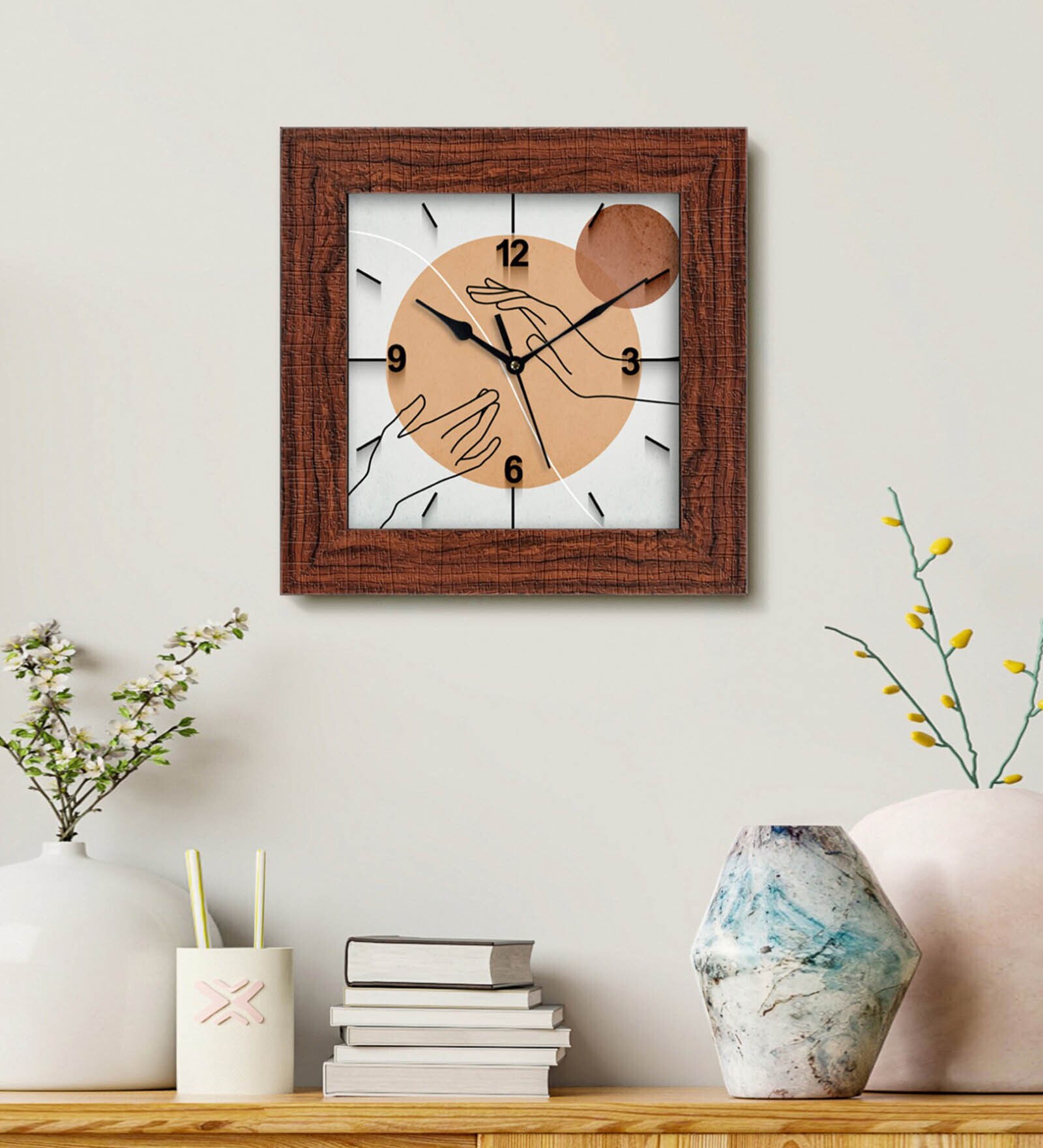 Two Hands Brown Fiber Square Wall Clock