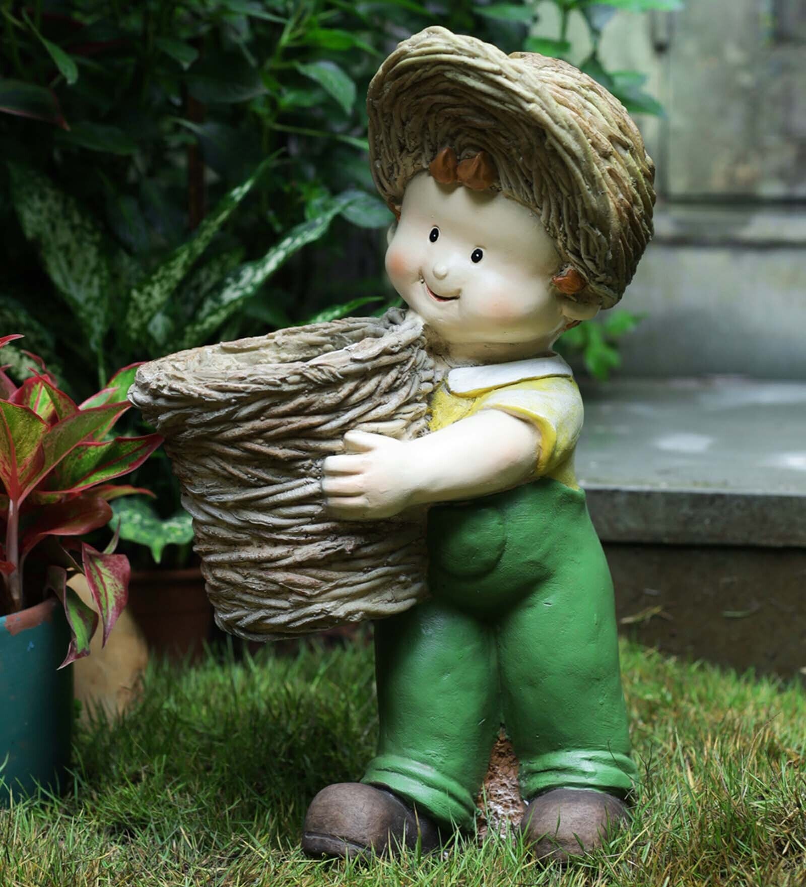 Buy Brown Fibre Boy Holding Basket Garden Figurine By Gaia At 30 Off