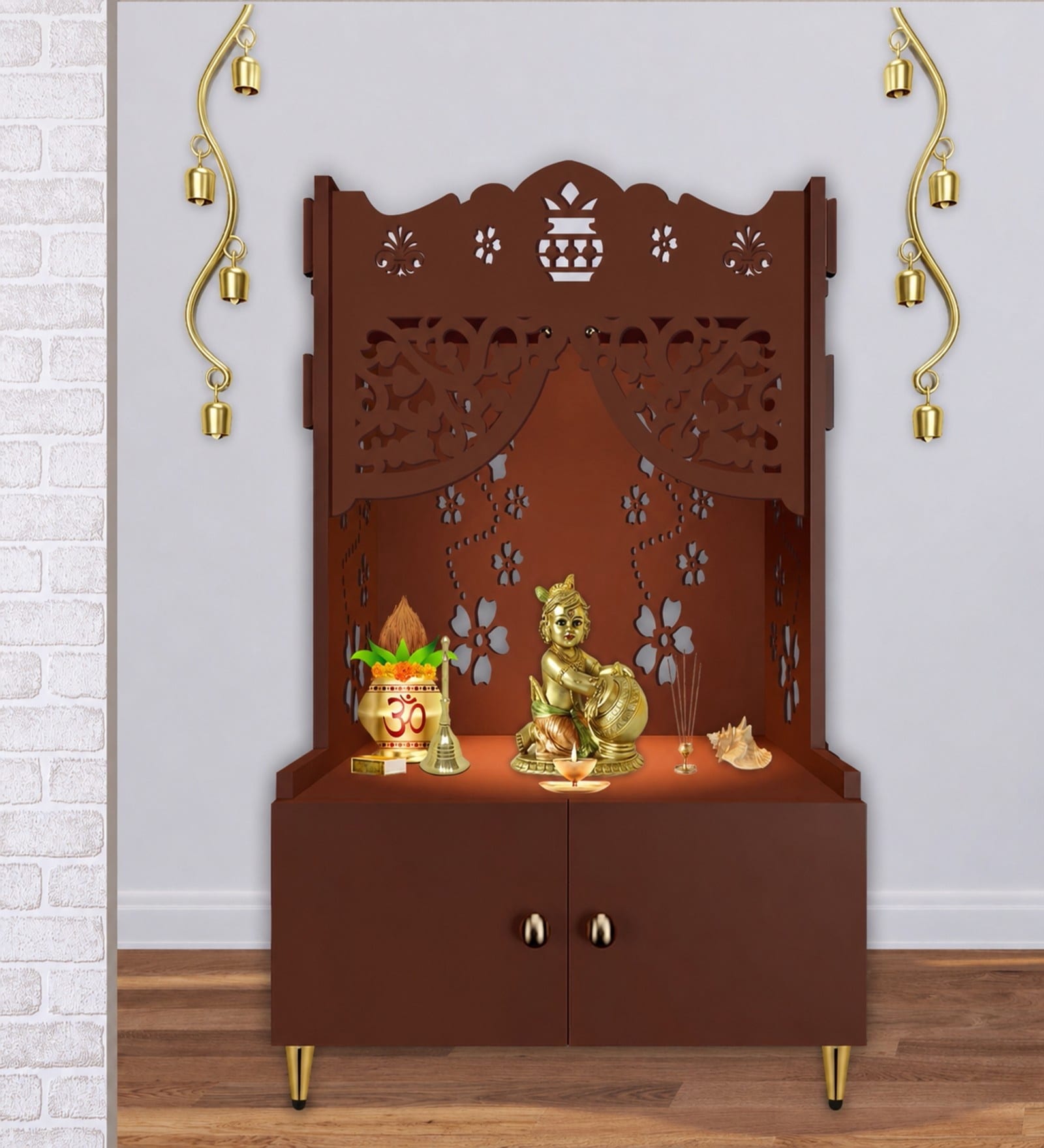 Brown Finish Beautiful Flower Design Pattern Floor Temple with Spacious Wooden Shelf & Inbuilt Focus Light