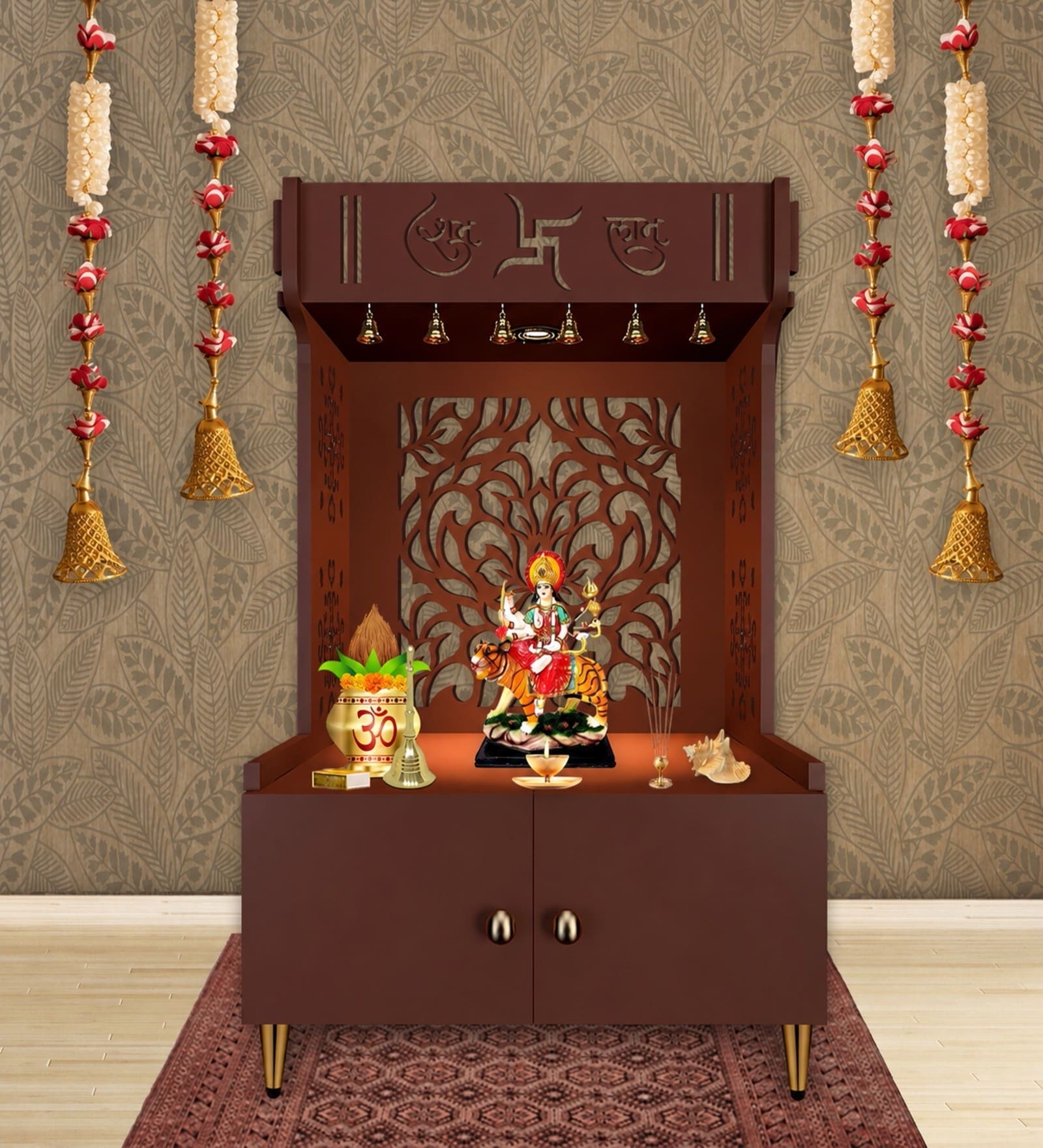 Brown Finish Designer Intricate Jali Design Pattern Floor Temple with Spacious Wooden Shelf & Inbuilt Focus Light-
