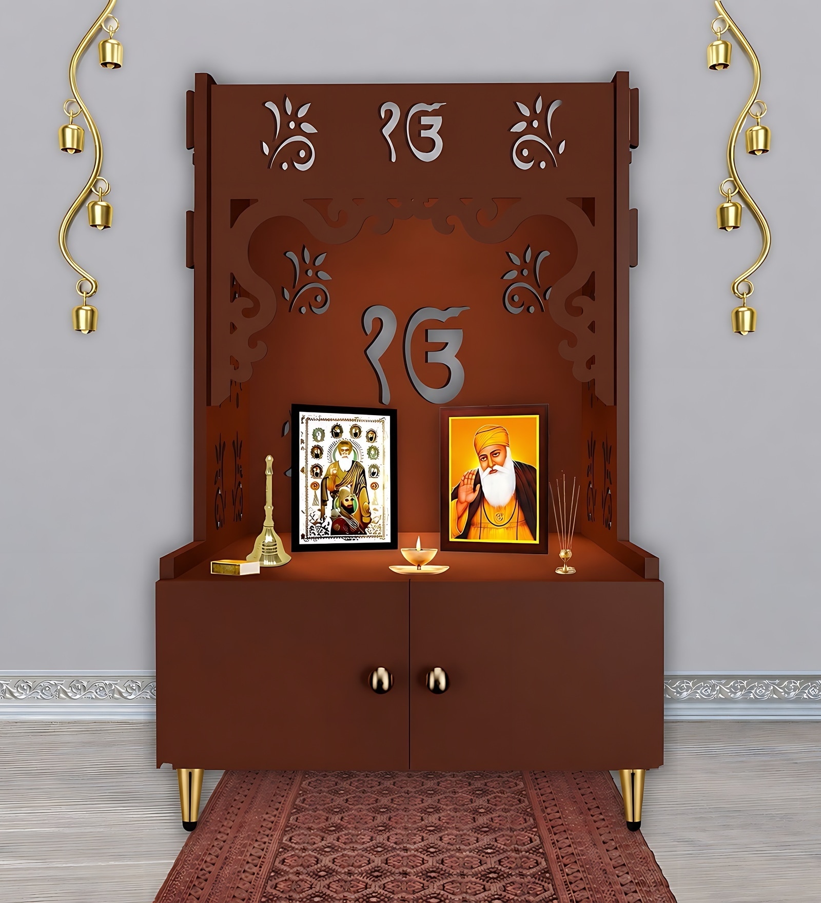 Brown Finish Ek-onkar Holy Symbol Floor Temple with Spacious Wooden Shelf & Inbuilt Focus Light
