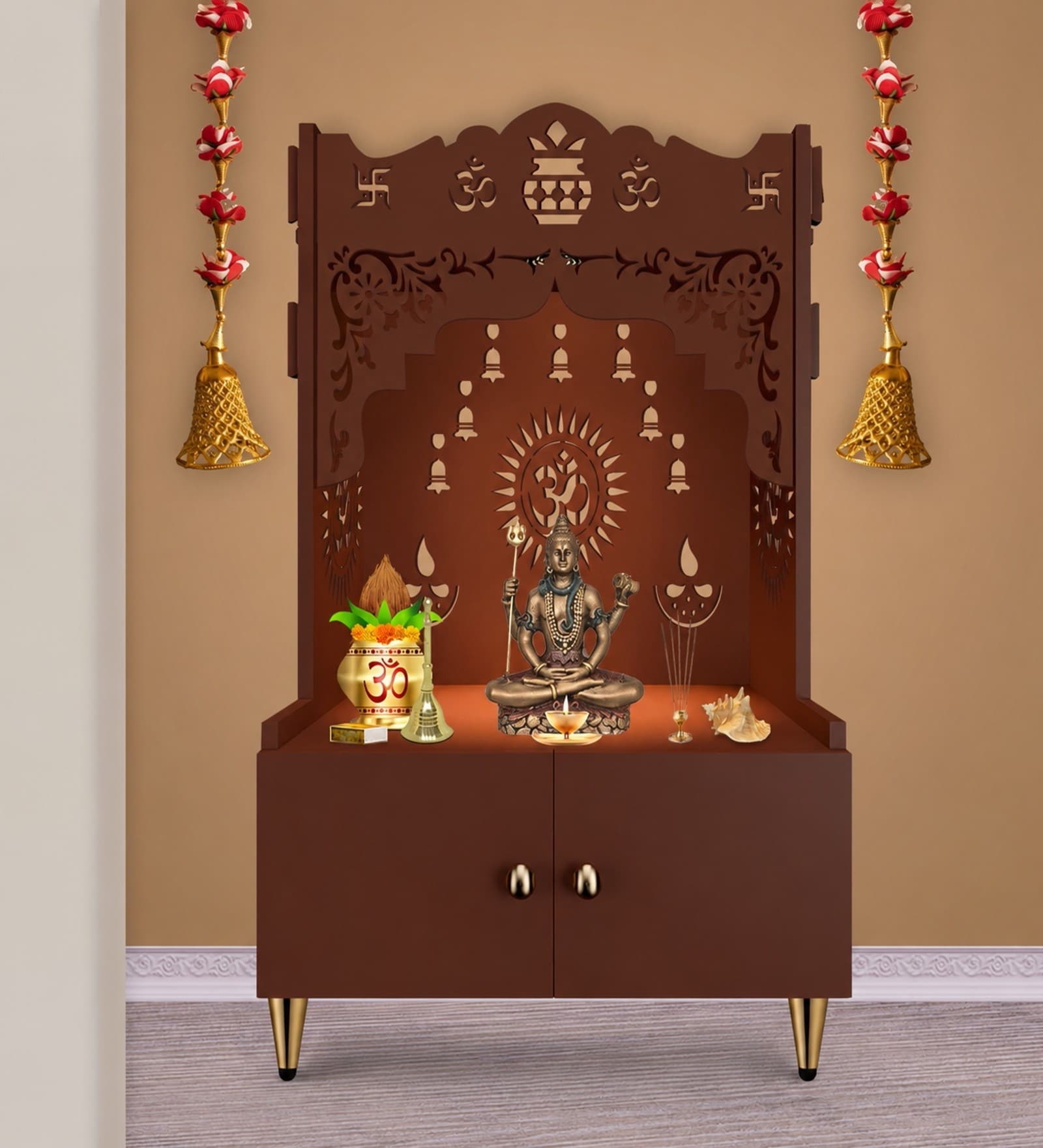 Brown Finish Holy Symbol Om Chakra Floor Temple with Spacious Wooden Shelf & Inbuilt Focus Light