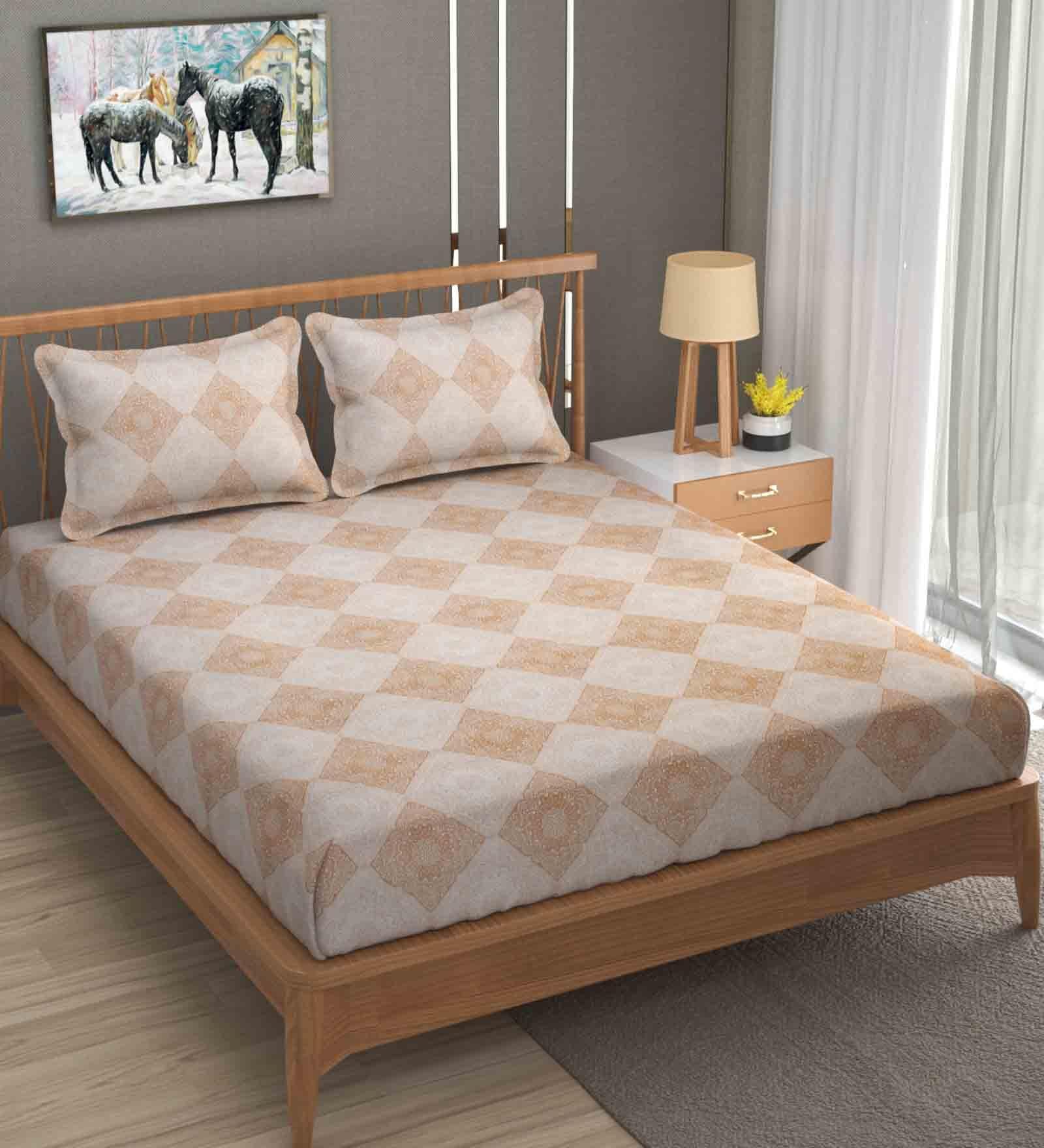 Brown Traditional 120TC Cotton Double Bedsheet with 2 Pillow Covers