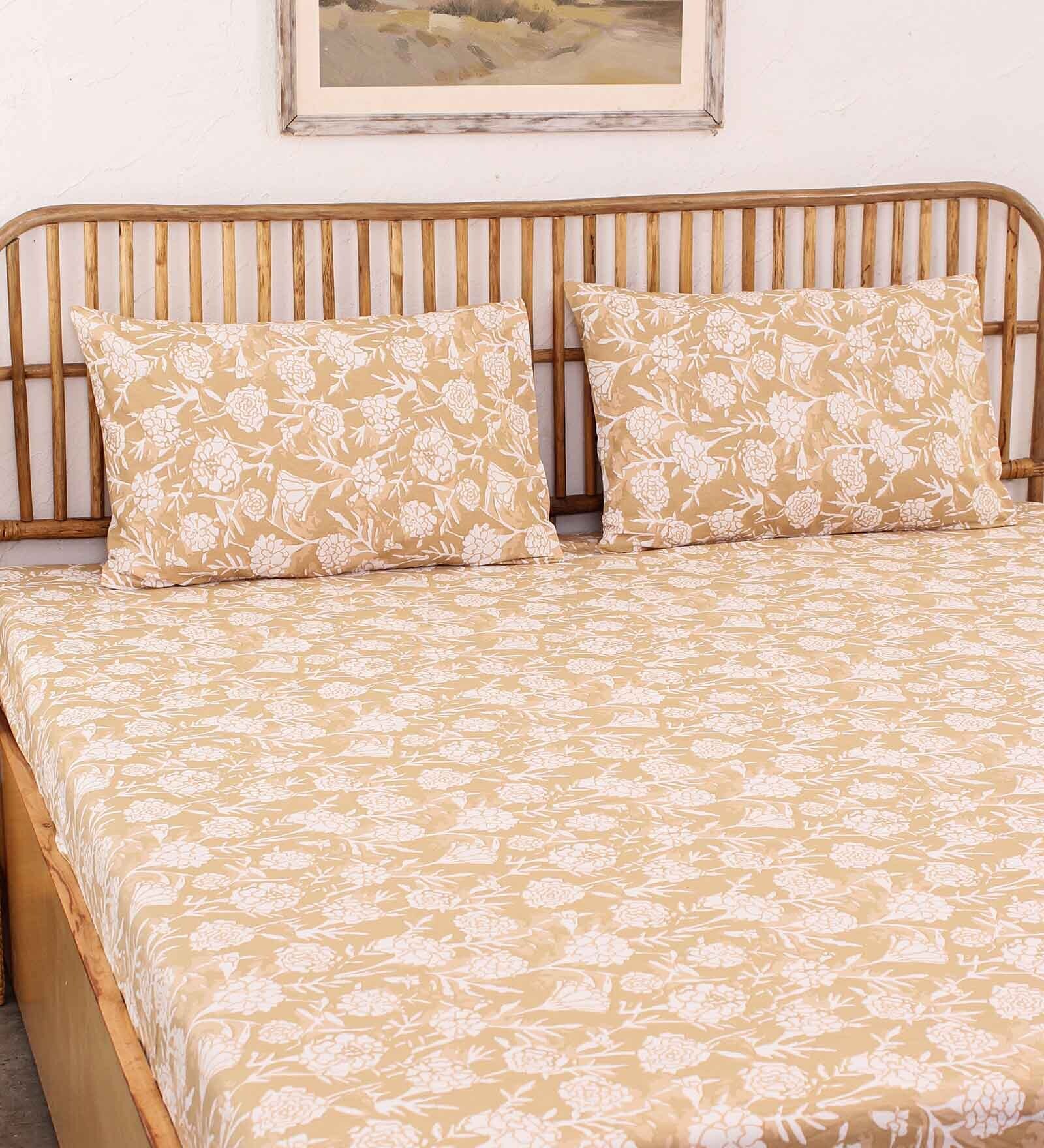 Brown Floral 144 TC Cotton 1 Double Bedsheet with 2 Pillow Cover