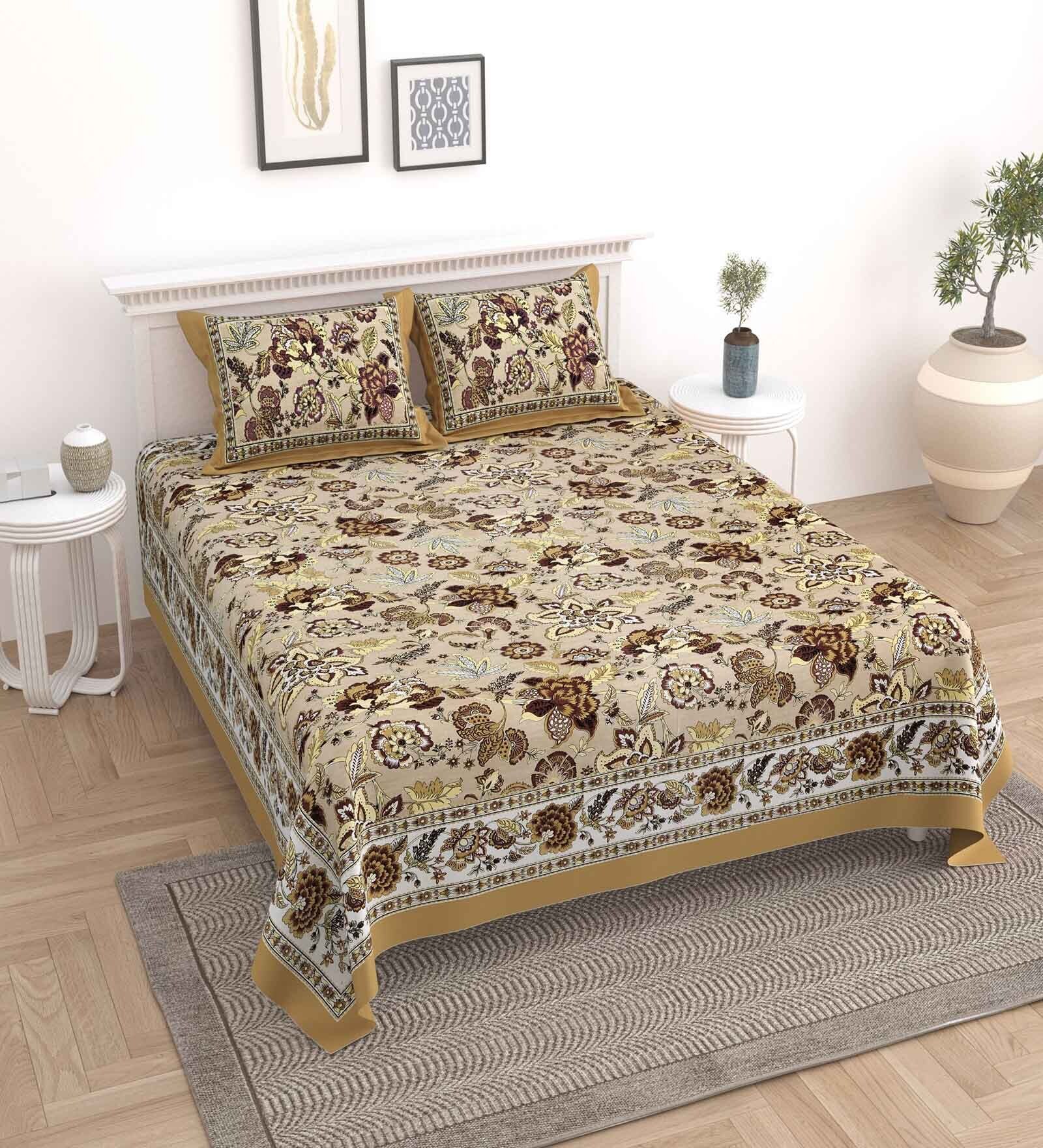 Brown Floral 144 TC Cotton King Bedsheet and 2 Pillow Cover