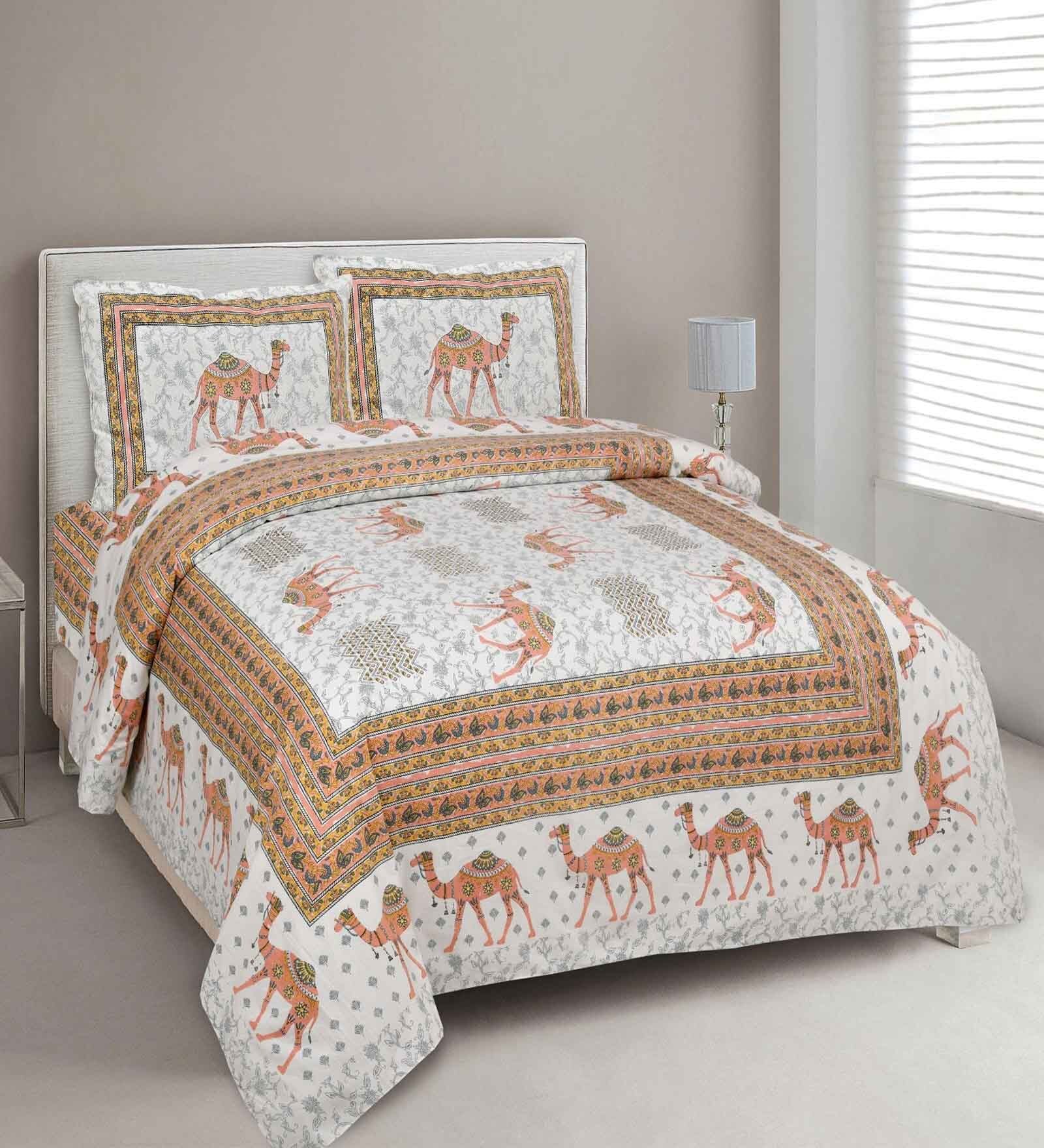 Brown Abstract 144 TC Cotton King Bedsheet and 2 Pillow Cover