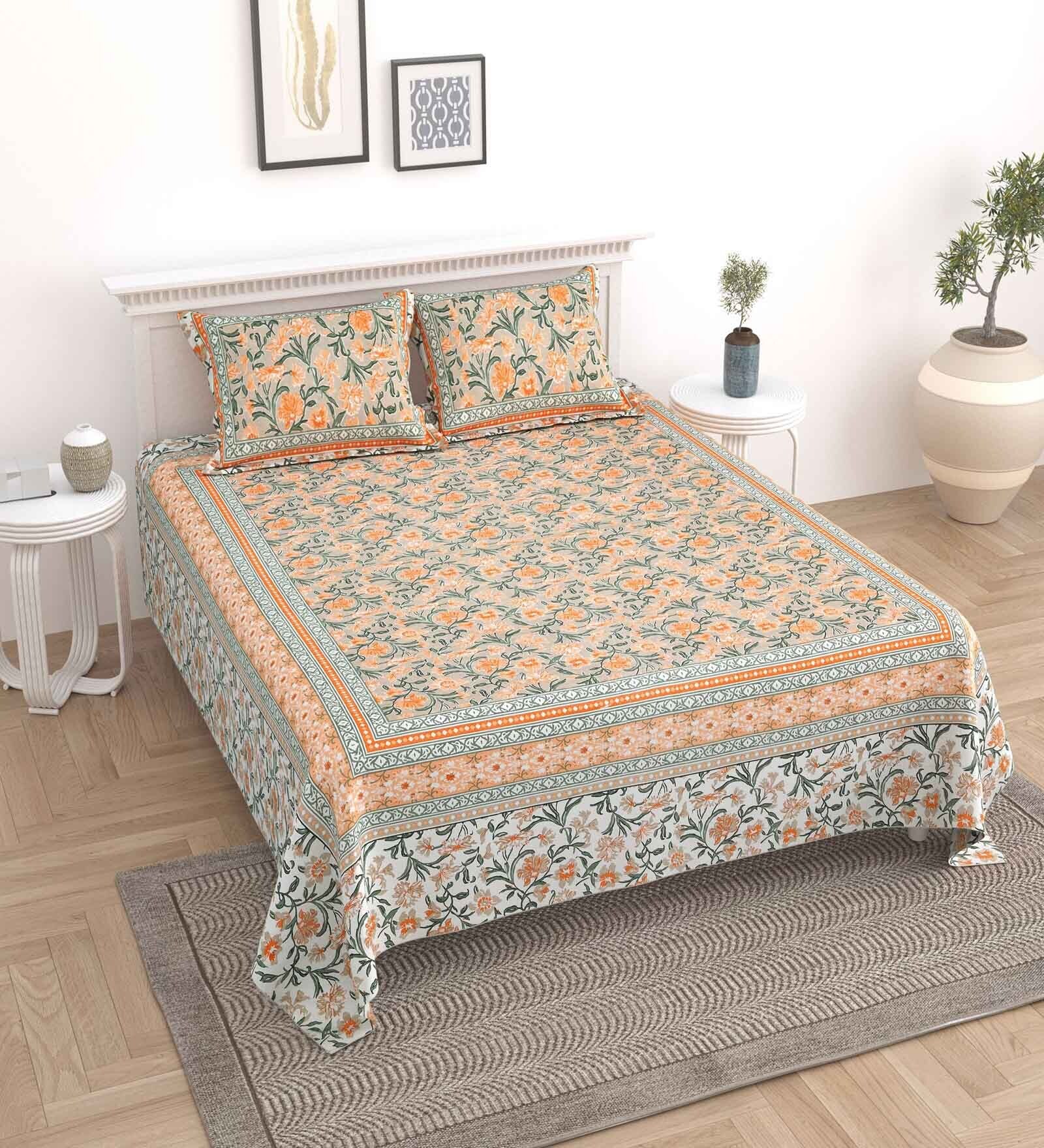 Brown Floral 144 TC Cotton King Bedsheet and 2 Pillow Cover