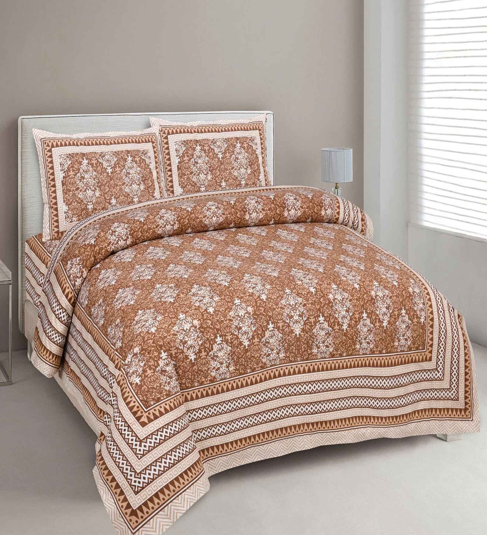 Brown Floral 144 TC Cotton King Bedsheet and 2 Pillow Cover