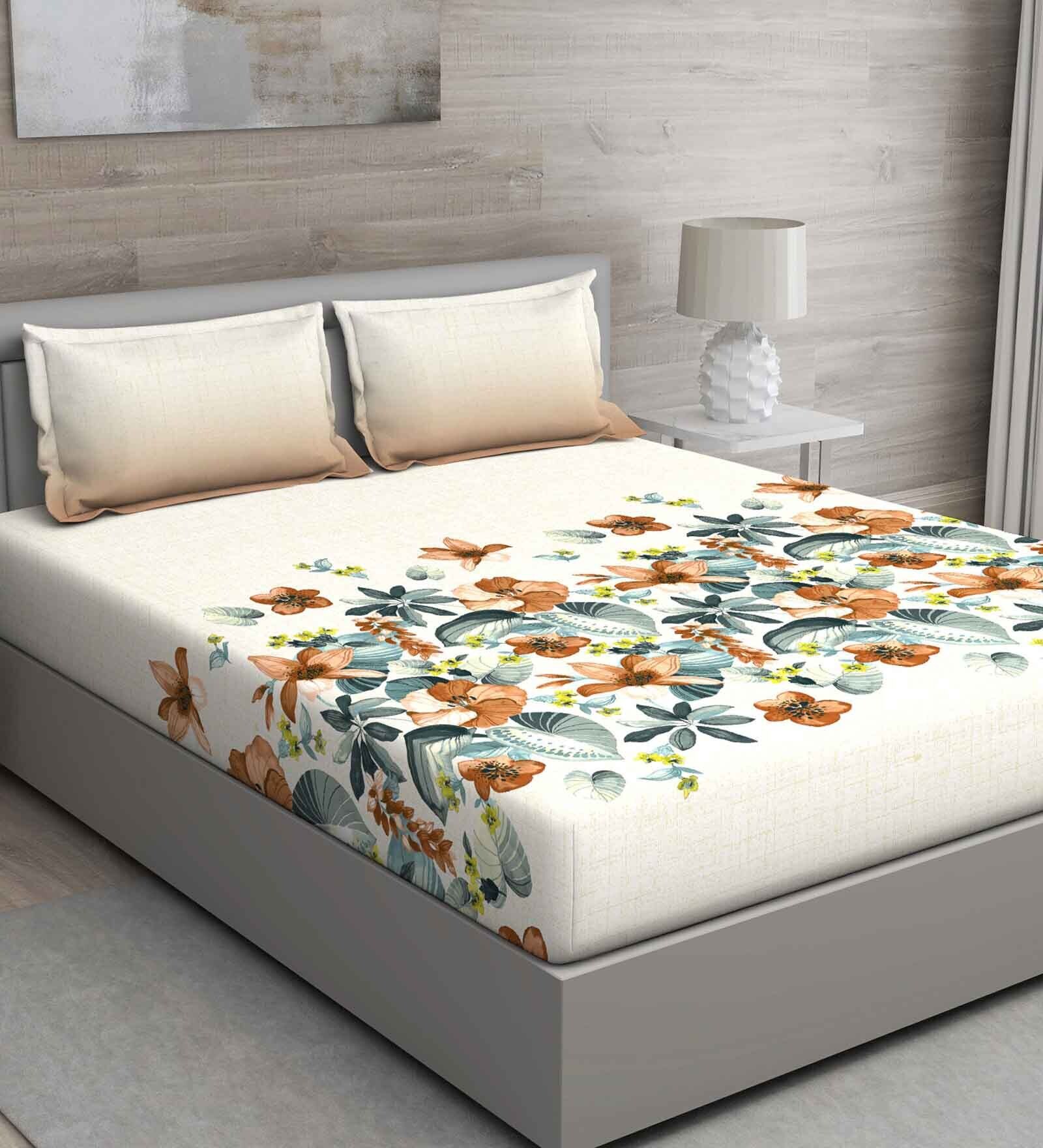 Brown Floral 144 TC Cotton Queen Sized Bed Sheets with 2 Pillow Covers