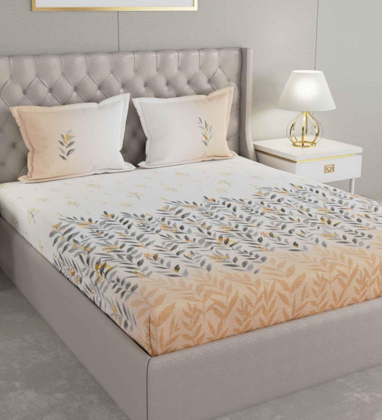 Brown Floral 144 TC Cotton Queen Sized Bed Sheets with 2 Pillow Covers