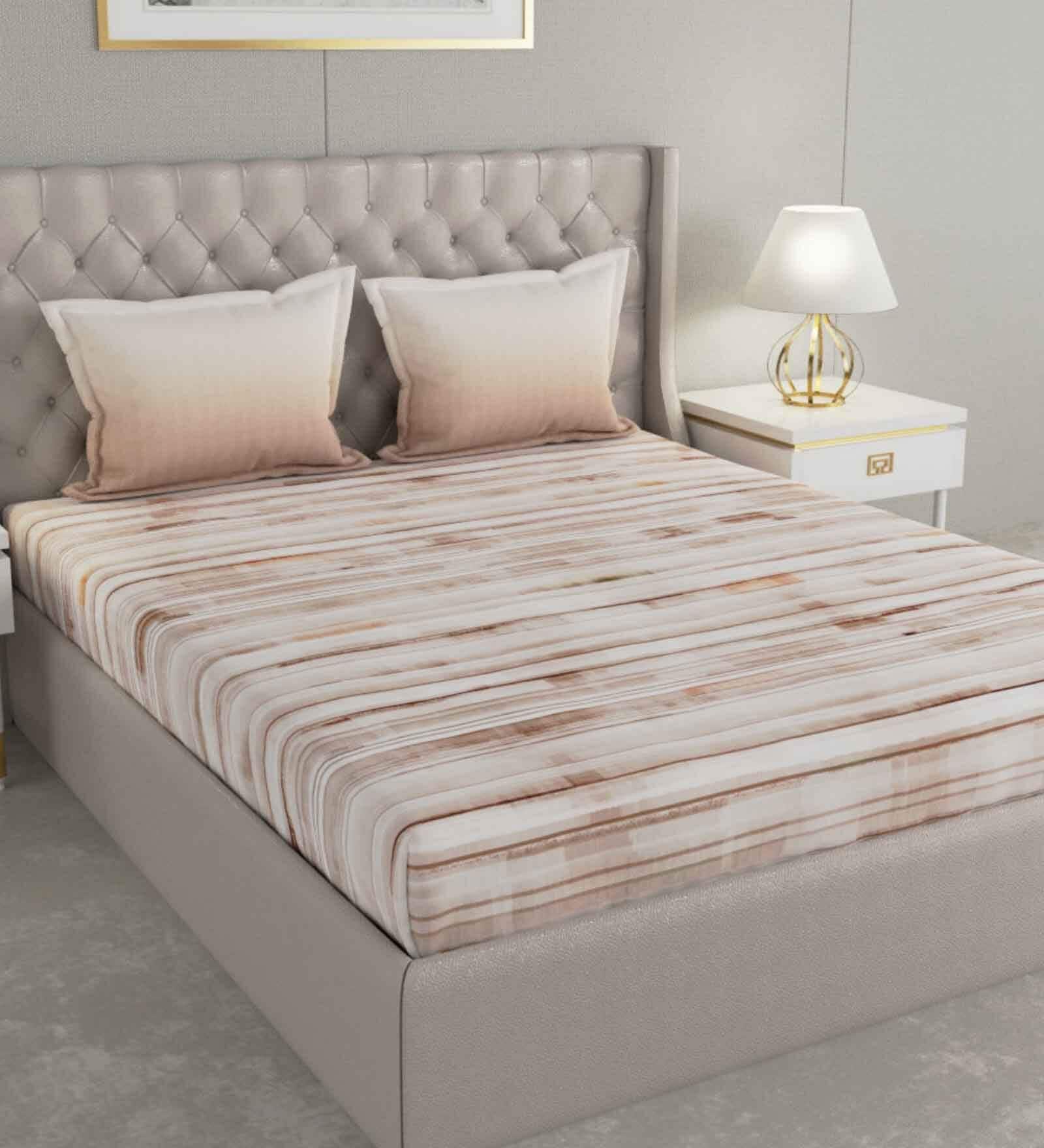 Brown Striped 144 TC Cotton Queen Sized Bed Sheets with 2 Pillow Covers