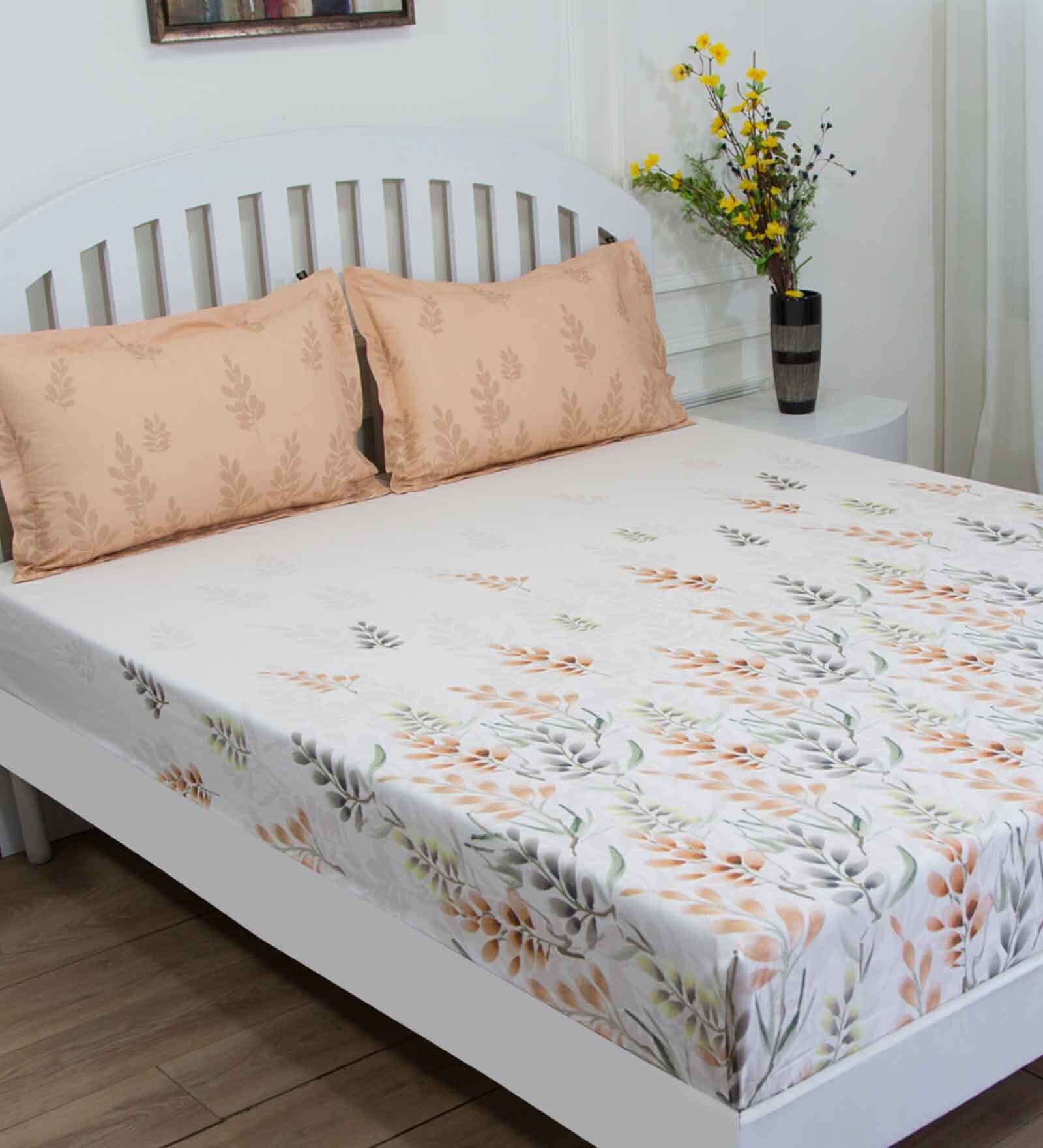 Brown Floral 144 TC Cotton Queen Sized Bed Sheets with 2 Pillow Covers