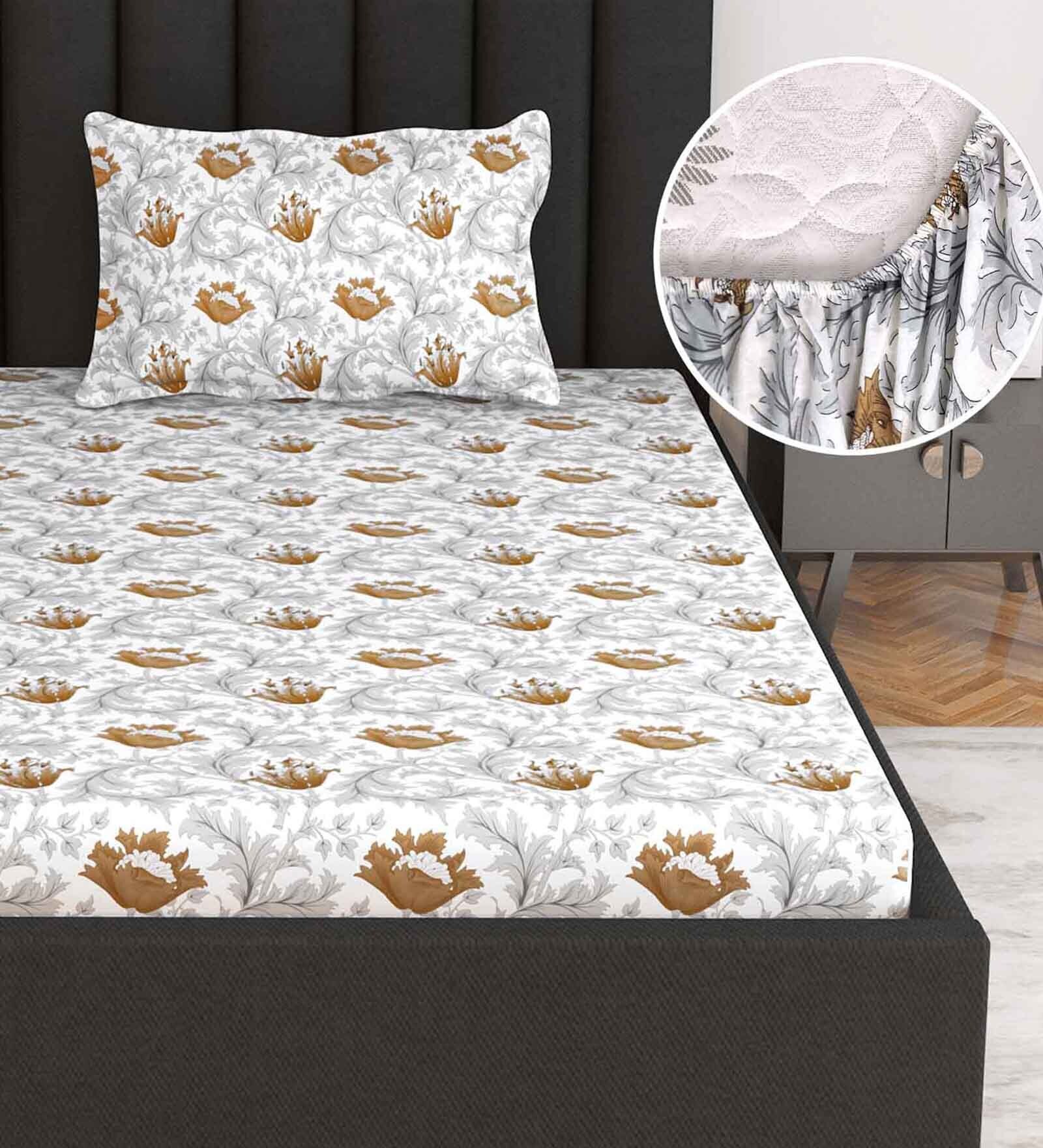 White Floral 144 TC Cotton Single Fitted Bedsheet With 1 Pillow Cover