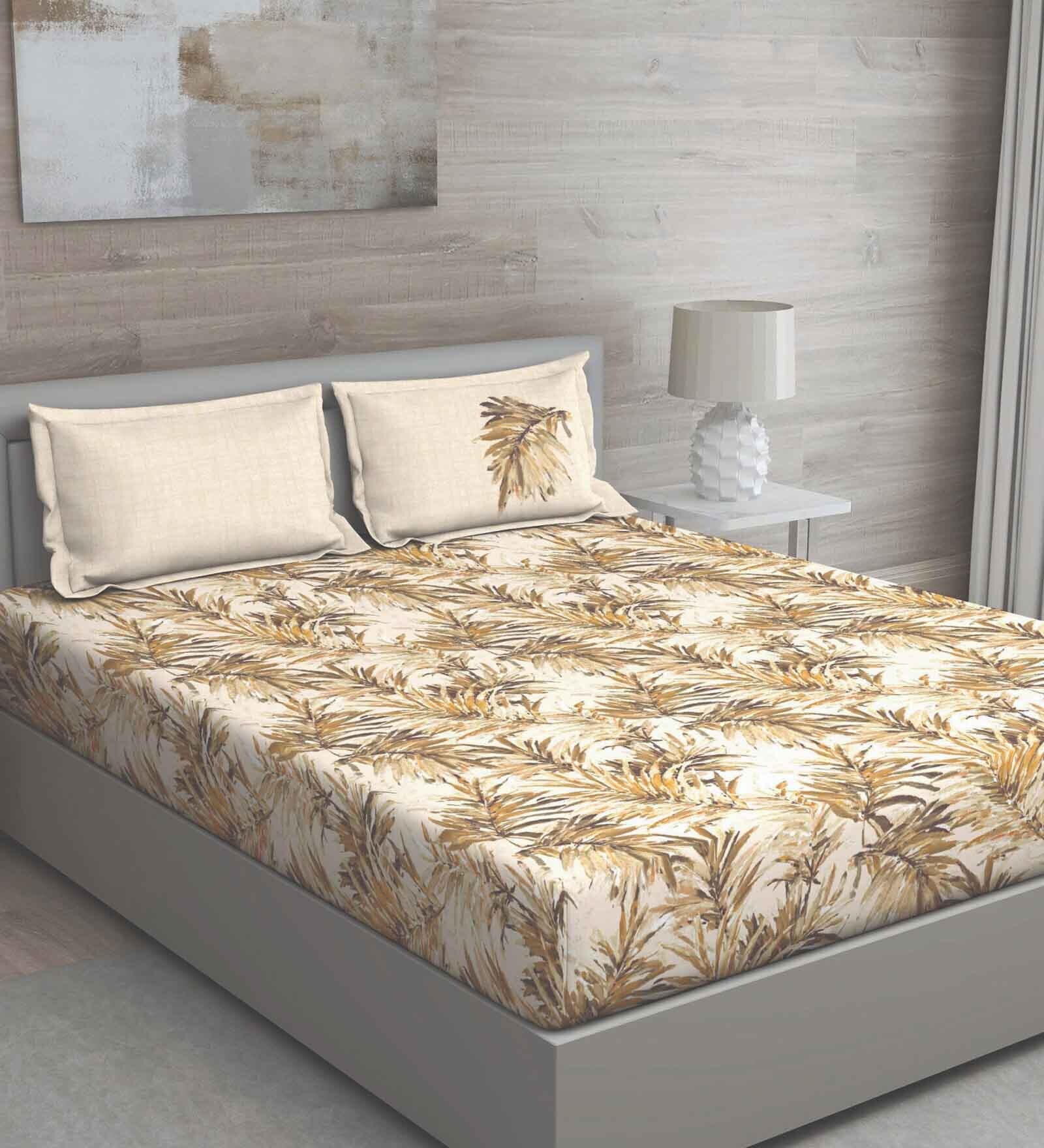 Brown Floral 150 TC Cotton Queen Sized Bed Sheets with 2 Pillow Covers