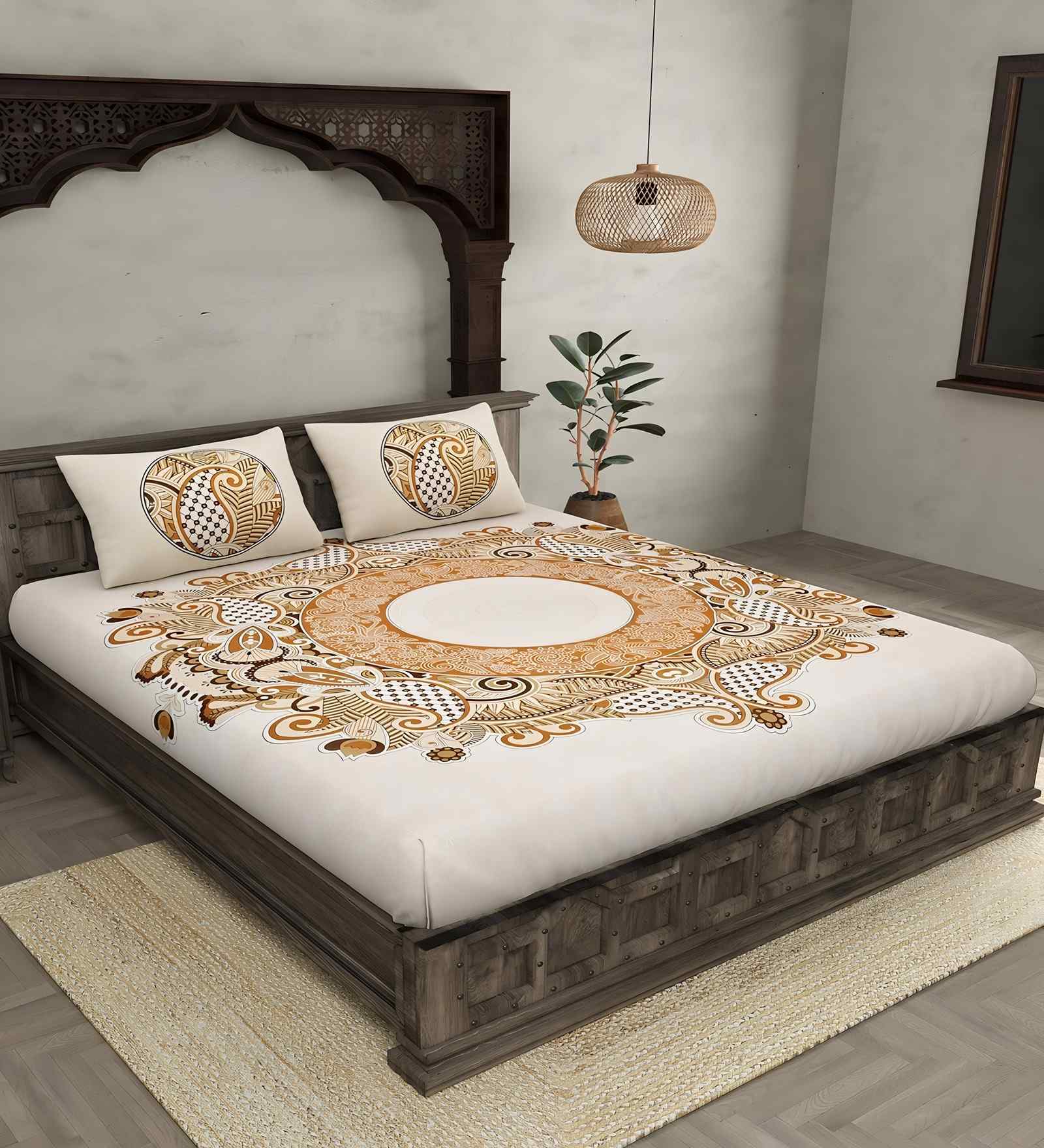 Brown Floral 180 TC Cotton  King Sized Bedsheet with 2 Pillow Covers