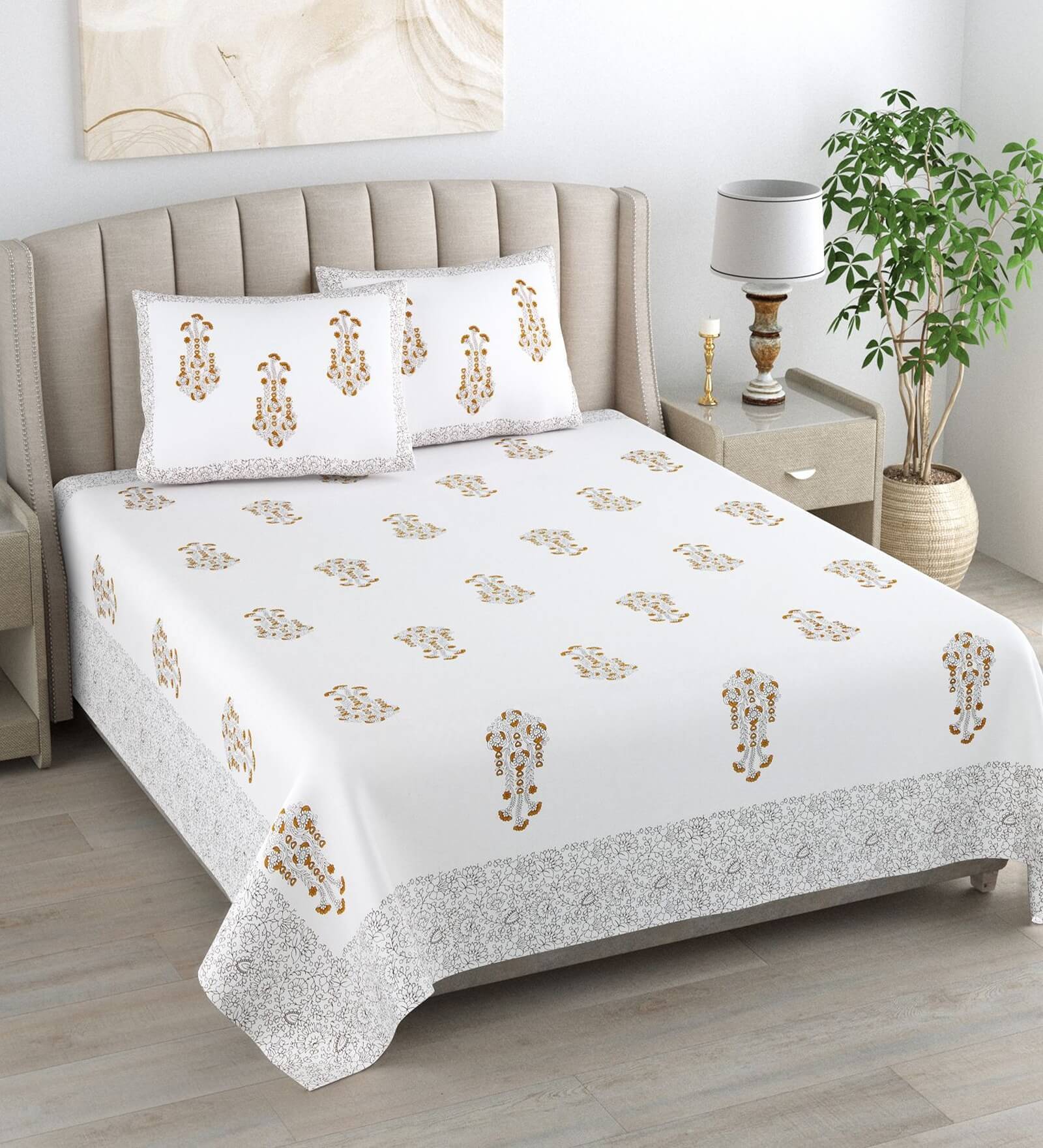 Brown Floral 180 TC Cotton King Size Bedsheet With 2 Pillow Cover