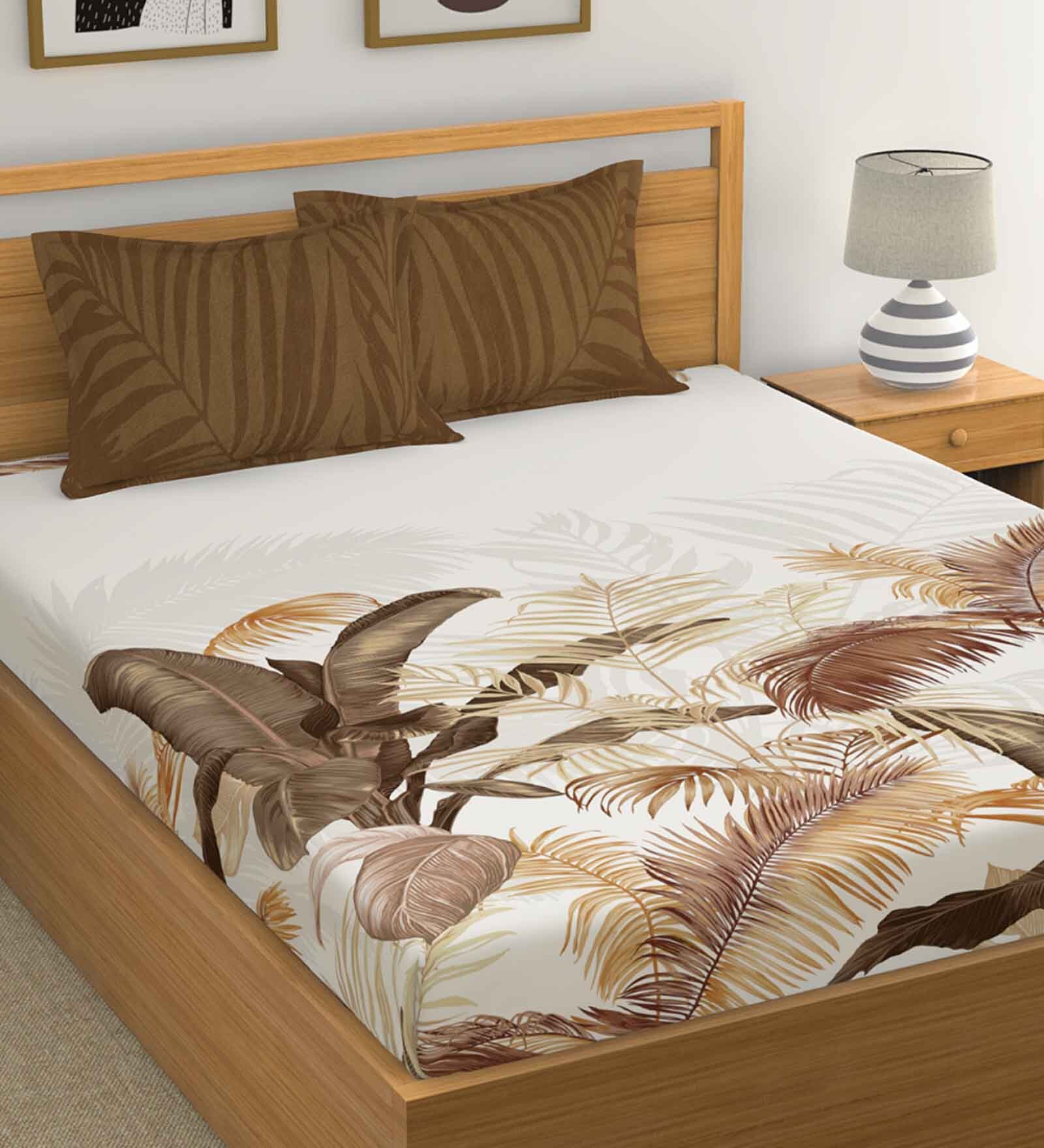 Brown Floral 180 TC Cotton Queen Sized Bed Sheets with 2 Pillow Covers