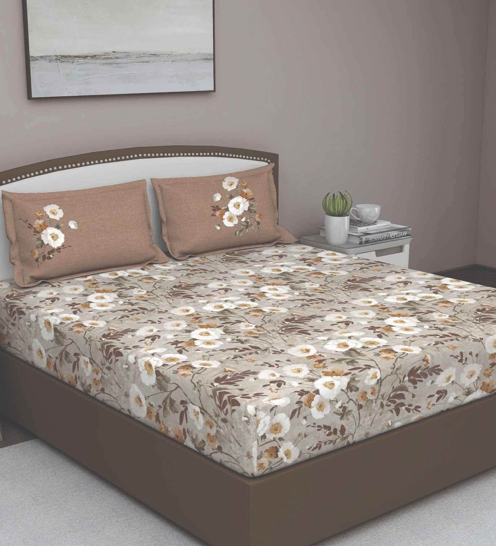 Brown Floral 180 TC Cotton Queen Sized Bed Sheets with 2 Pillow Covers