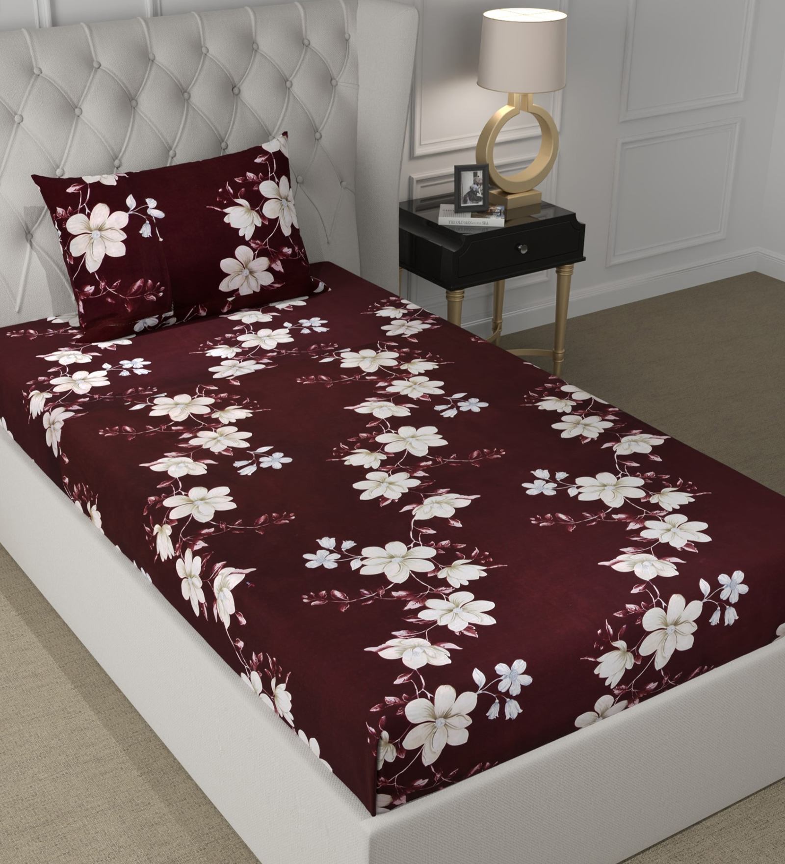 Brown Floral 180 TC Microfiber Single Bedsheet With 1 Pillow Cover