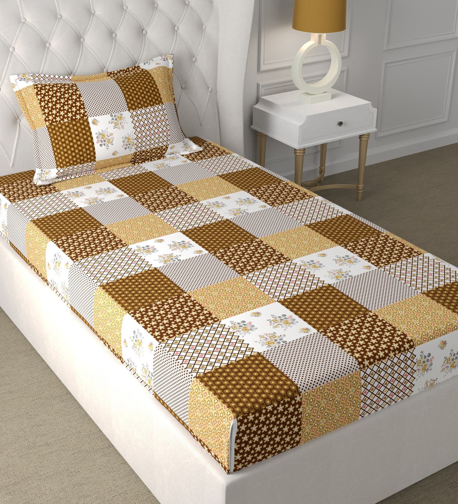 Brown Floral 180 TC Microfiber Single Bedsheet With 1 Pillow Cover
