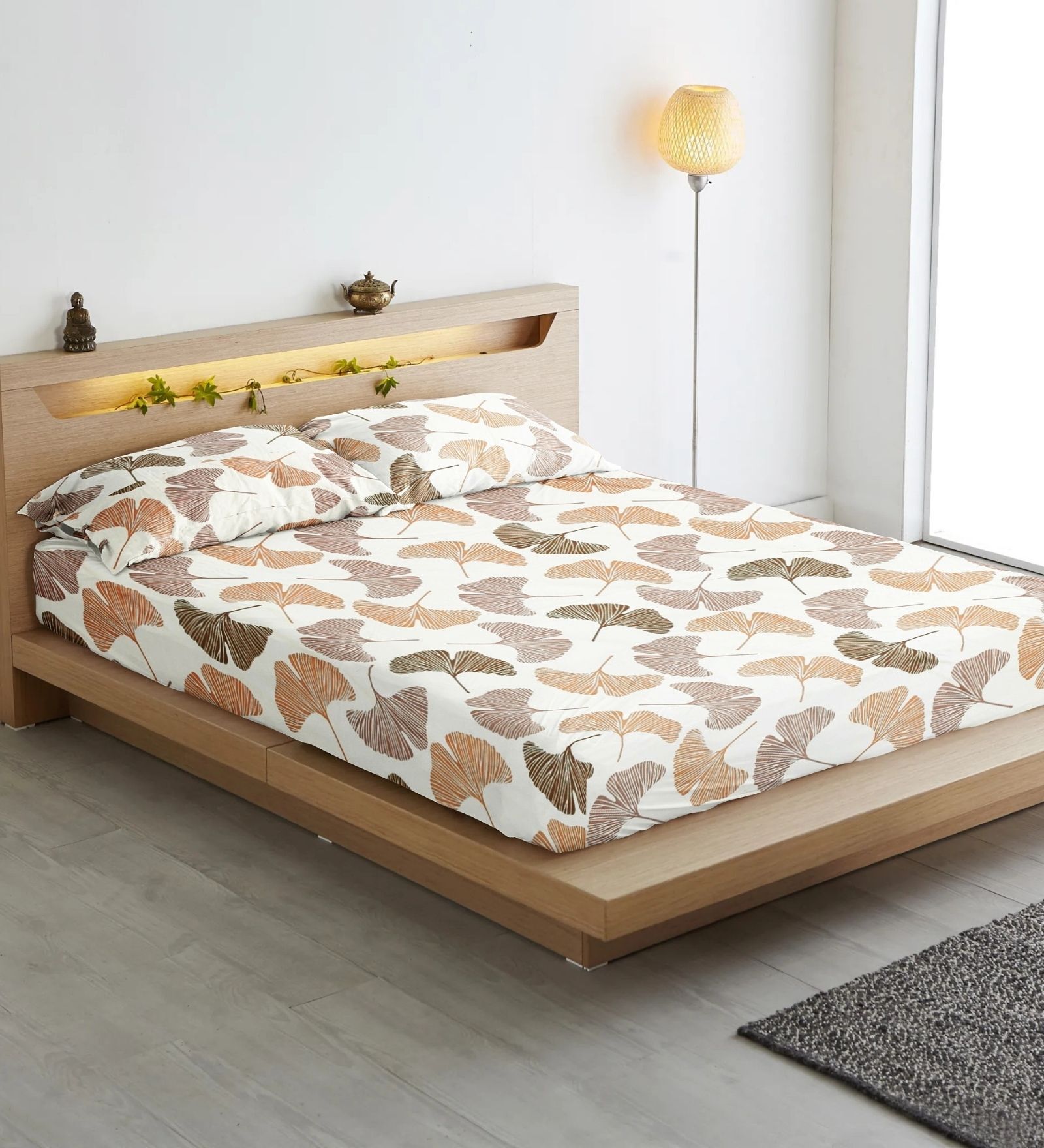 Brown Floral 210 TC Cotton Blend Fitted Bedsheet & 2 Pillow Covers