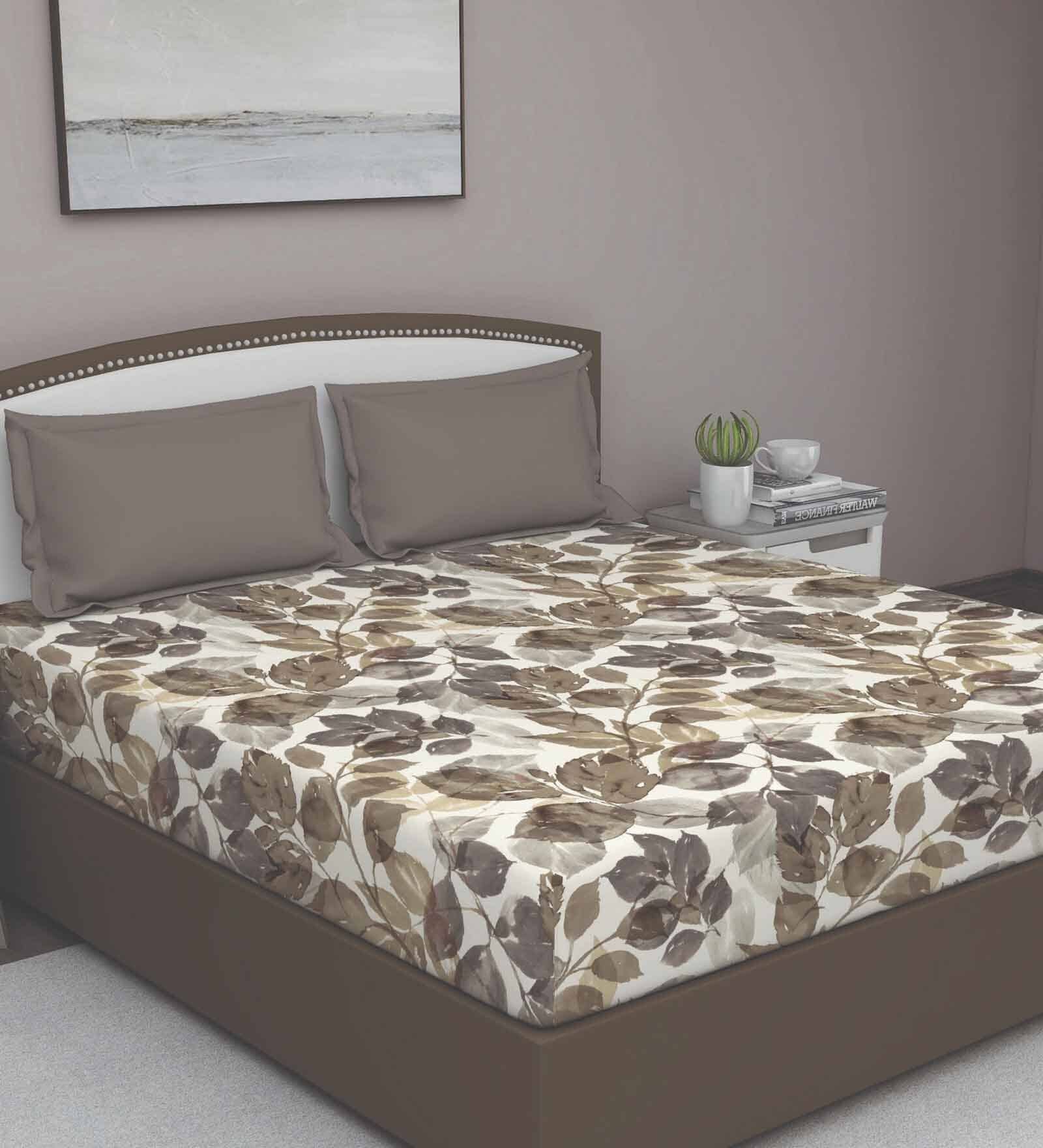 Brown Floral 210 TC Cotton Queen Sized Bed Sheets with 2 Pillow Covers