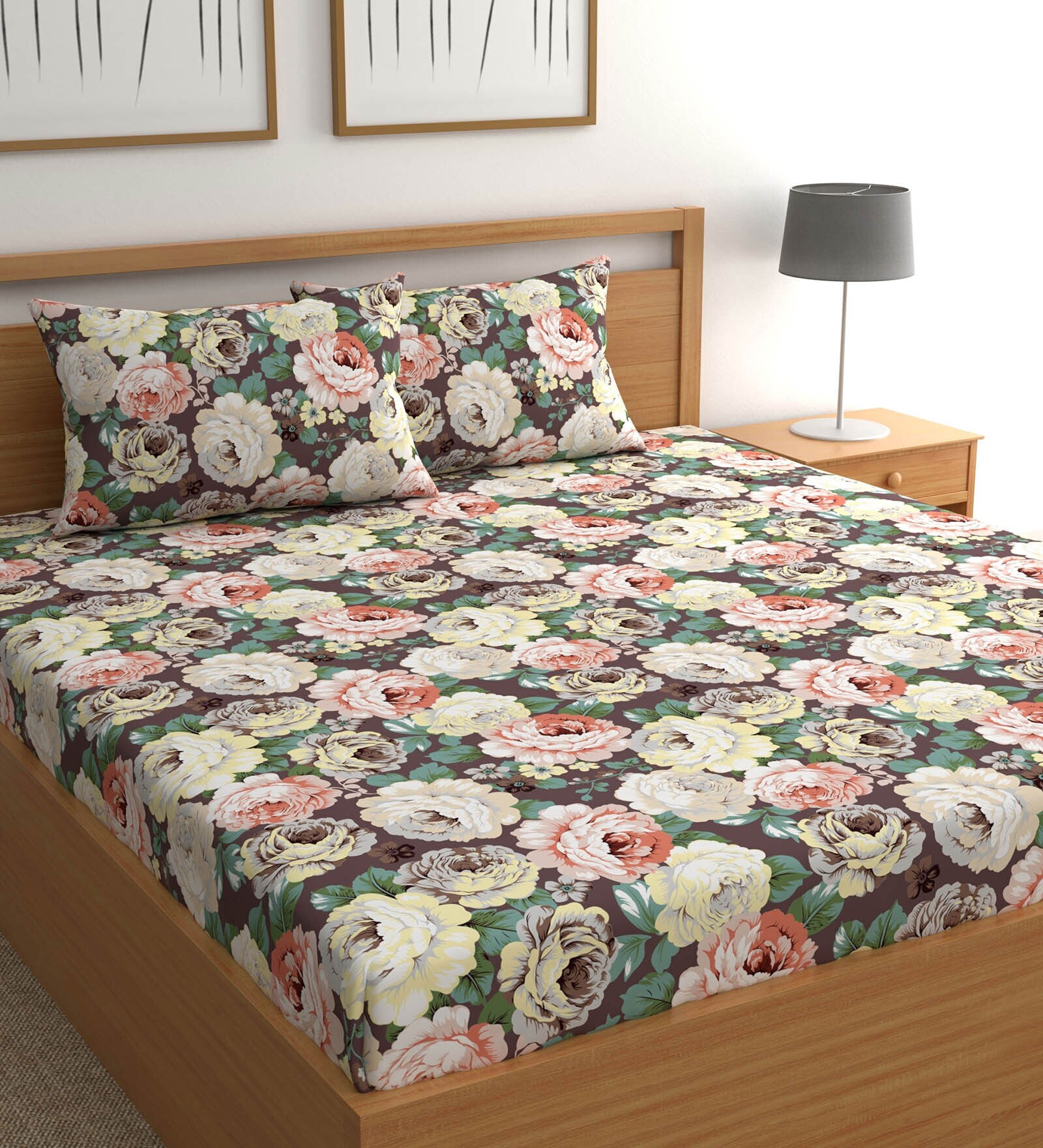 Multicolor Floral 210 TC Microfiber Queen Sized Fitted Bed Sheets with 2 Pillow Covers