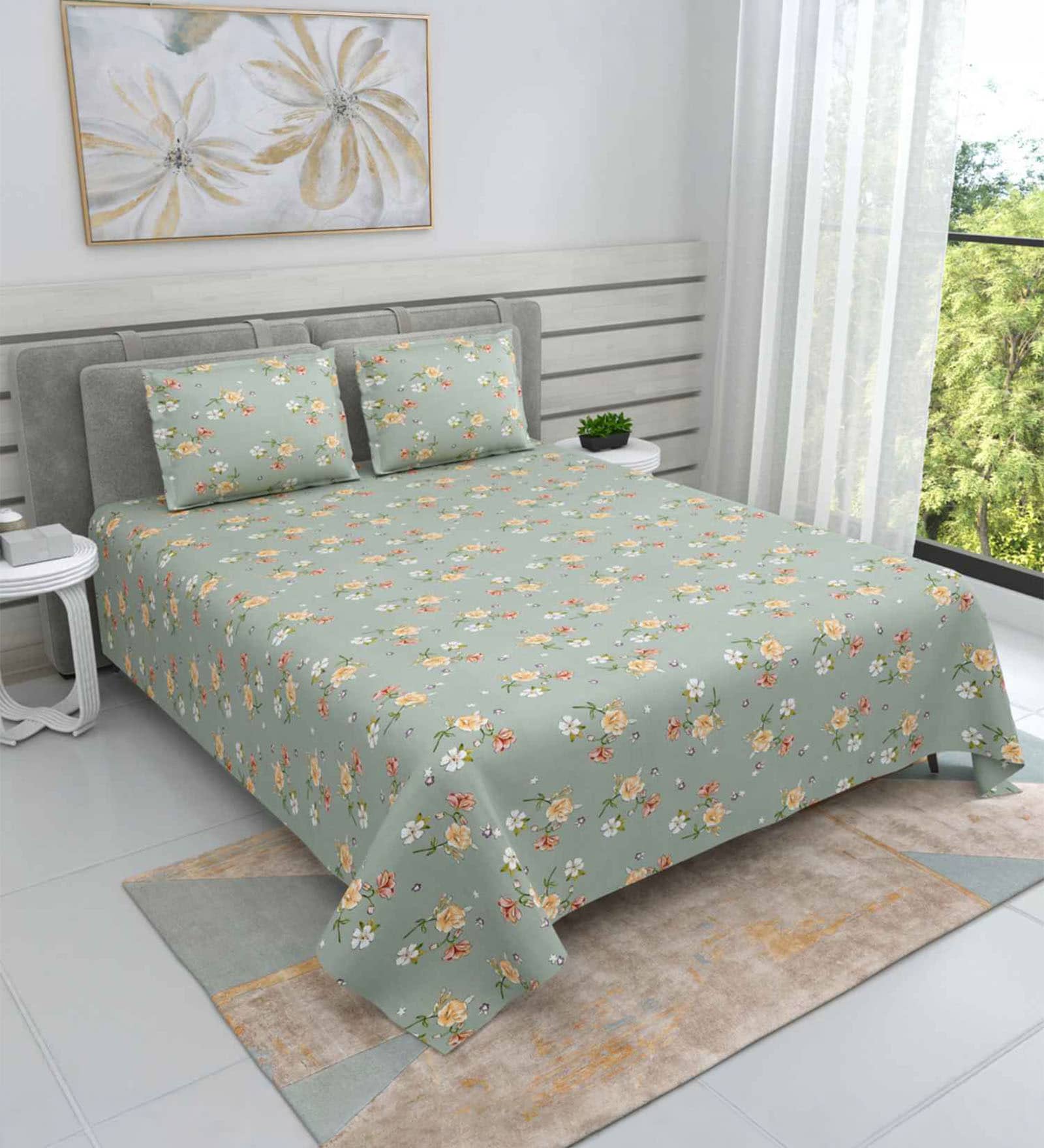 Green Floral 220 Tc Cotton Super King Bedsheet With 2 Pillow Covers