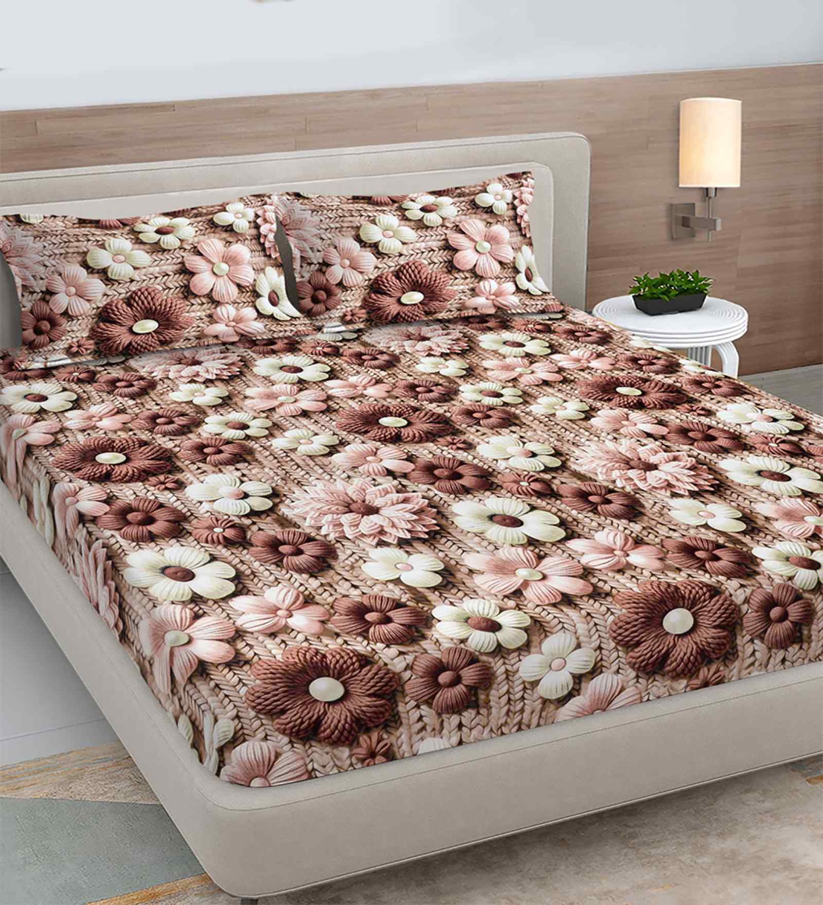 Brown Floral 300 TC Cotton Blend 7D King Size Fitted Double Bedsheet with 2 Pillow Covers