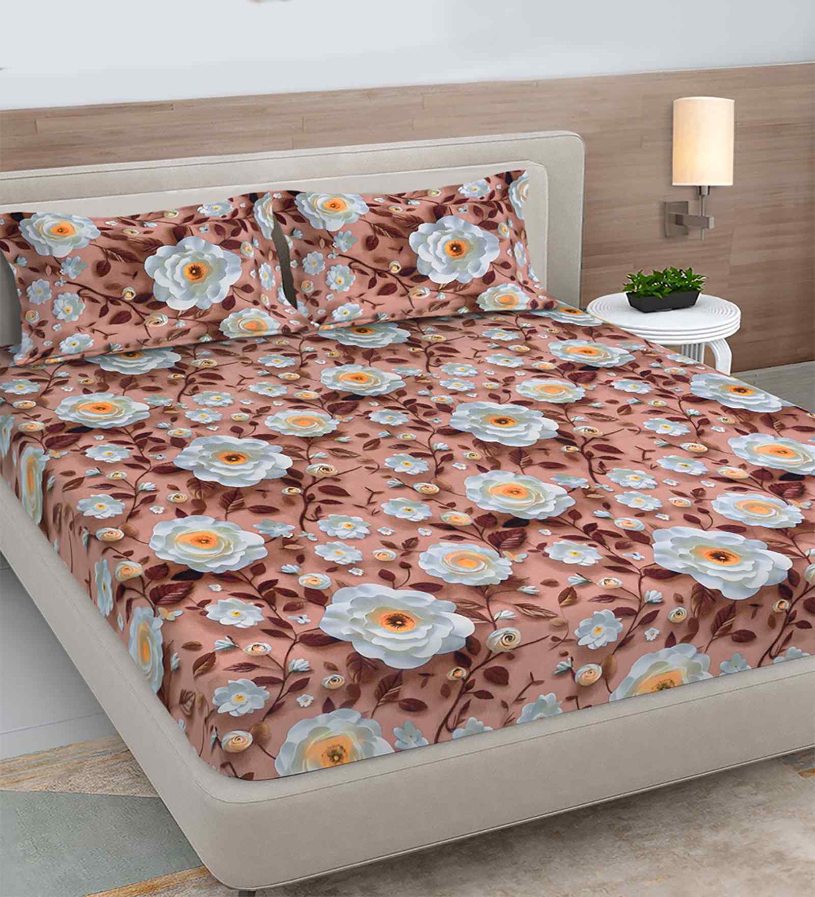 Brown Floral 300 TC Cotton Blend 7D King Size Fitted Double Bedsheet with 2 Pillow Covers
