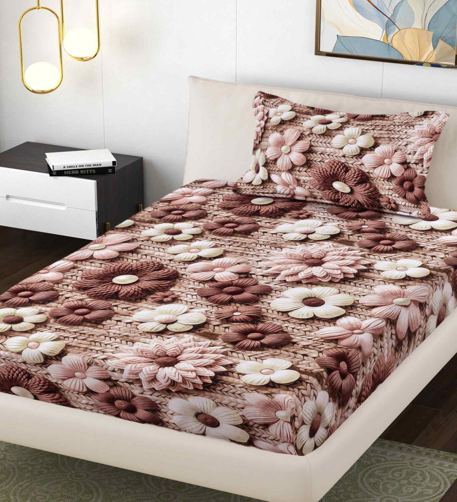 Brown Floral 300 TC Cotton Blend 7D Single Bedsheet with 1 Pillow Cover