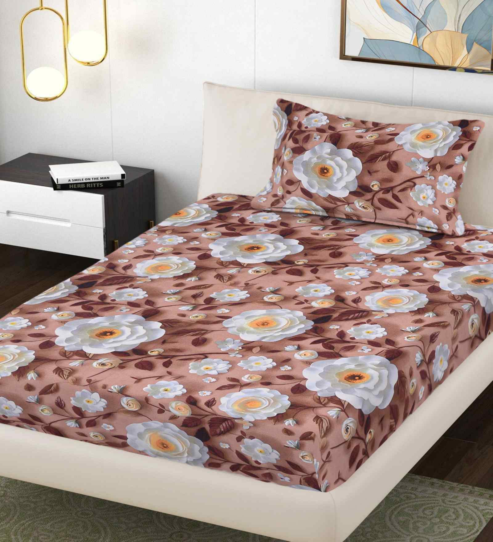 Brown Floral 300 TC Cotton Blend 7D Single Bedsheet with 1 Pillow Cover