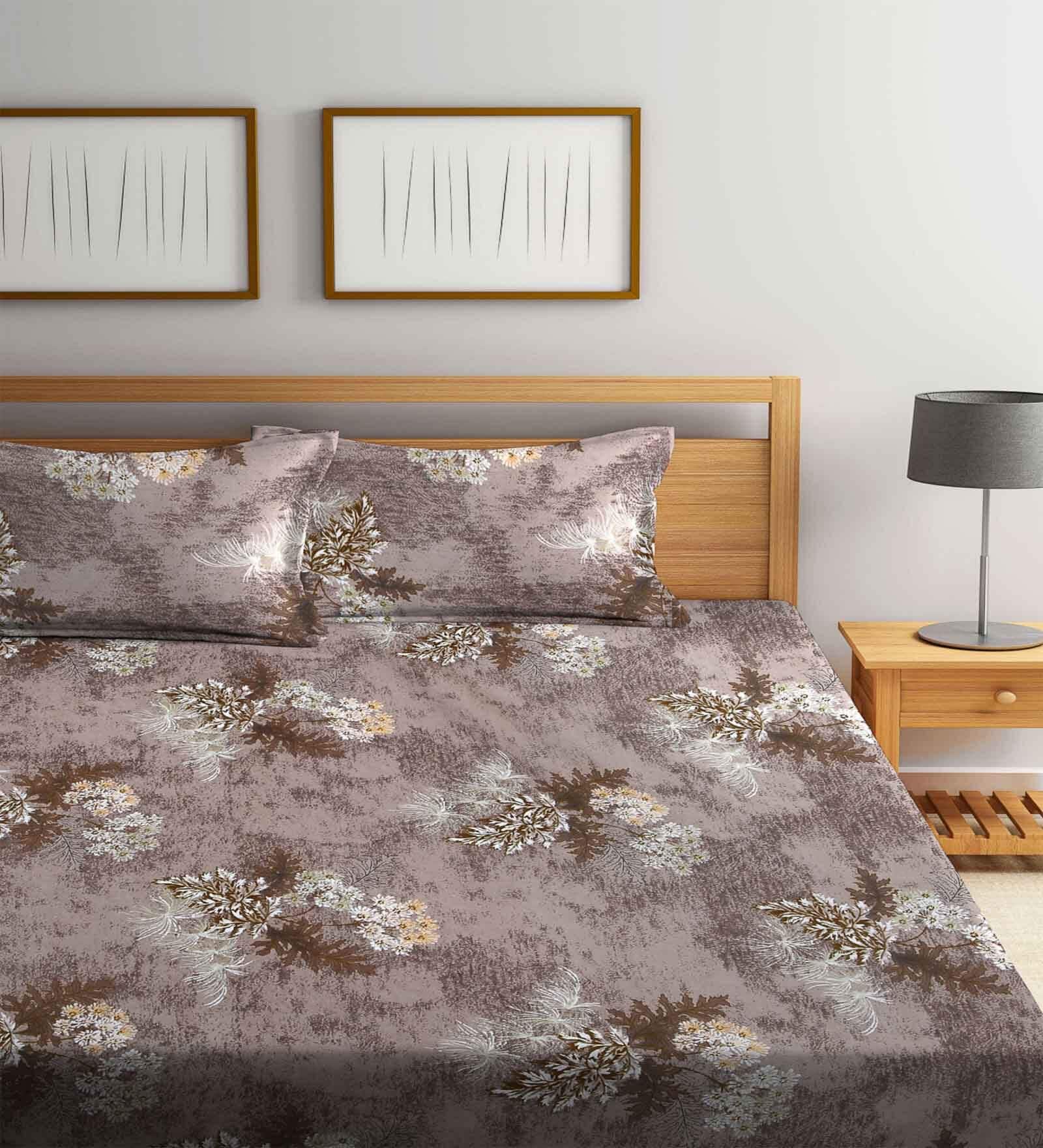 Brown Floral 300 TC Cotton Blend Double King Sized Bedsheet With 2 Pillow Covers