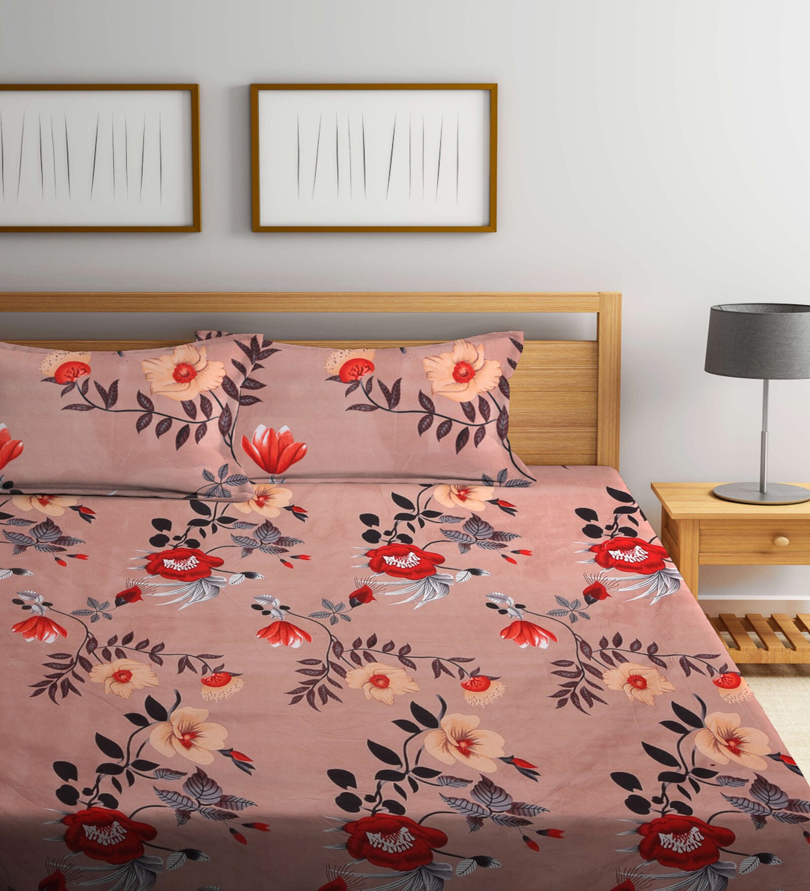 Brown Floral 300 TC Cotton Blend Double King Sized Bedsheet With 2 Pillow Covers