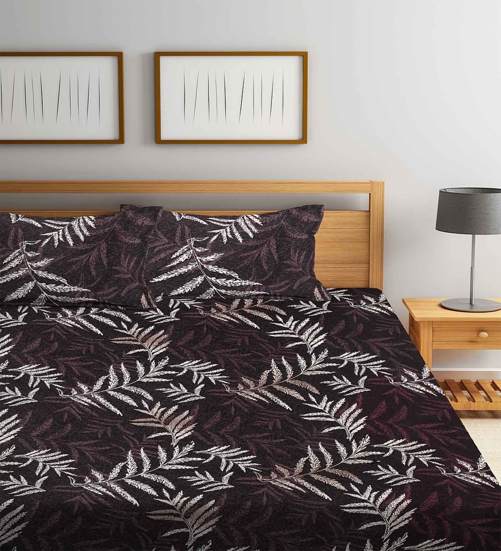 Brown Floral 300 TC Cotton Blend Double King Sized Bedsheet With 2 Pillow Covers