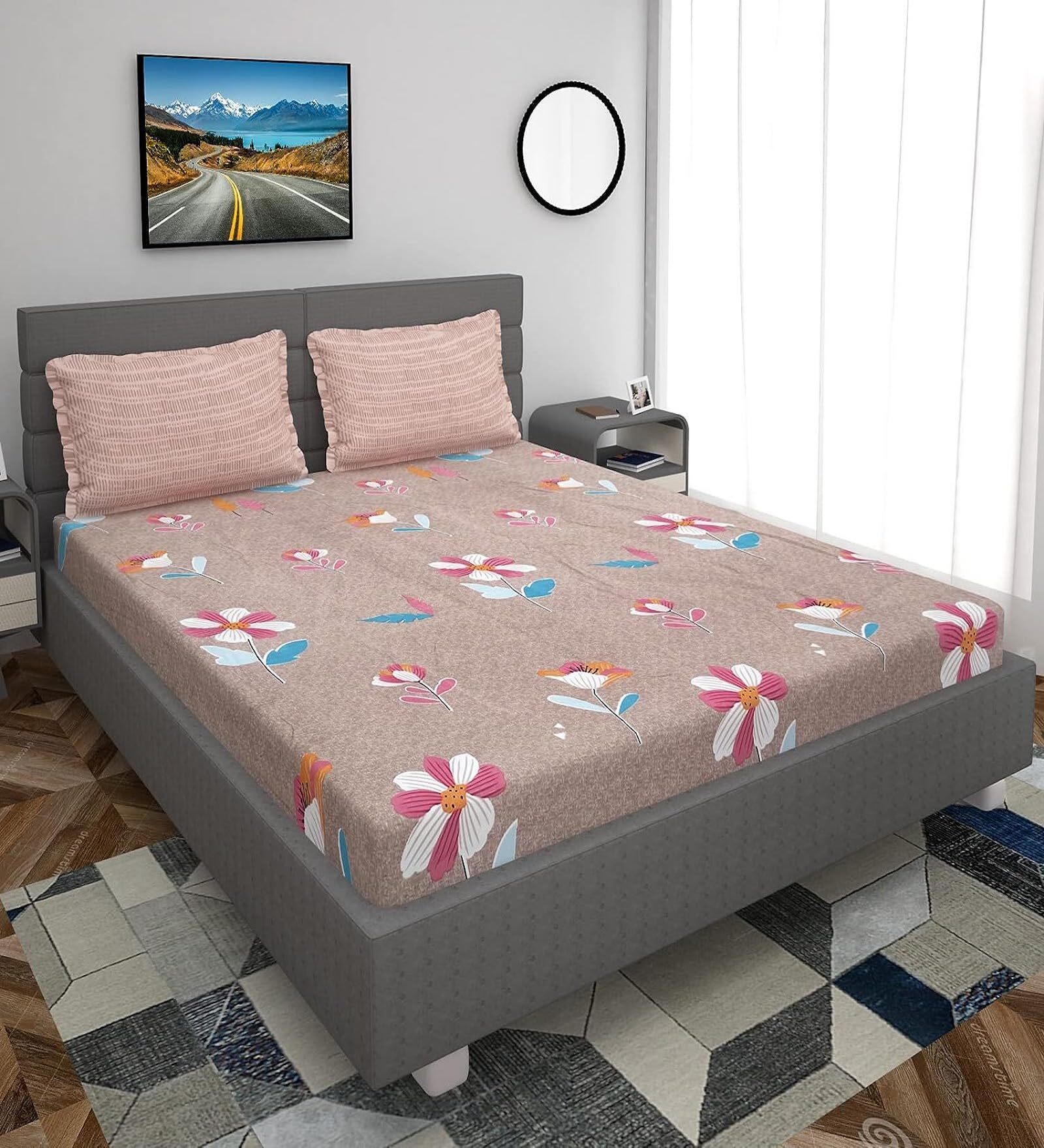 Brown Floral 300 TC Cotton Blend Fitted Queen Bedsheet with 2 Pillow Covers