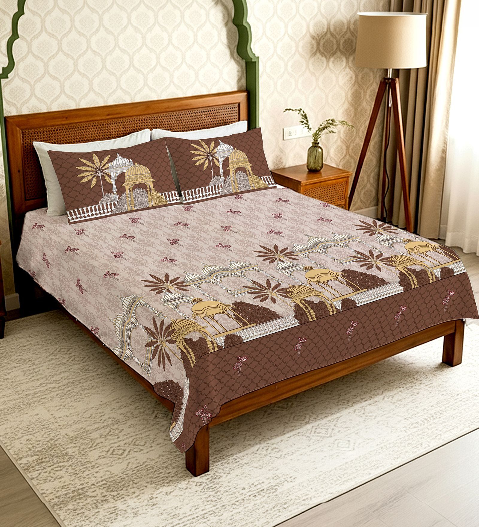 Brown Floral 300 TC Cotton King Sized Bedsheet with 2 Pillow Covers