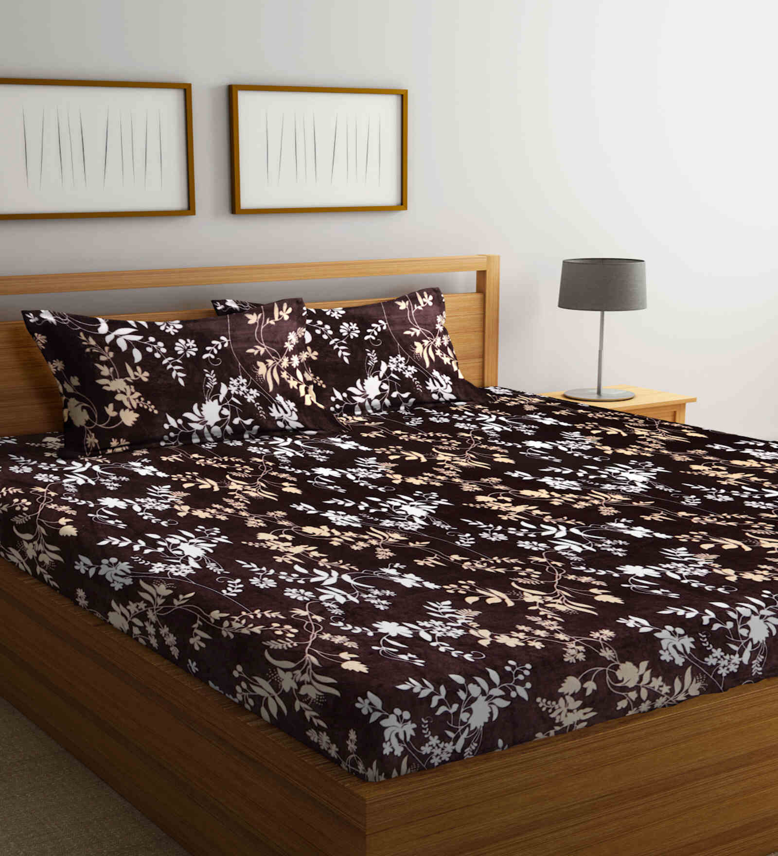 Buy Brown Floral 300 TC Wool Double Queen Woolen Bedsheet with 2 Pillow