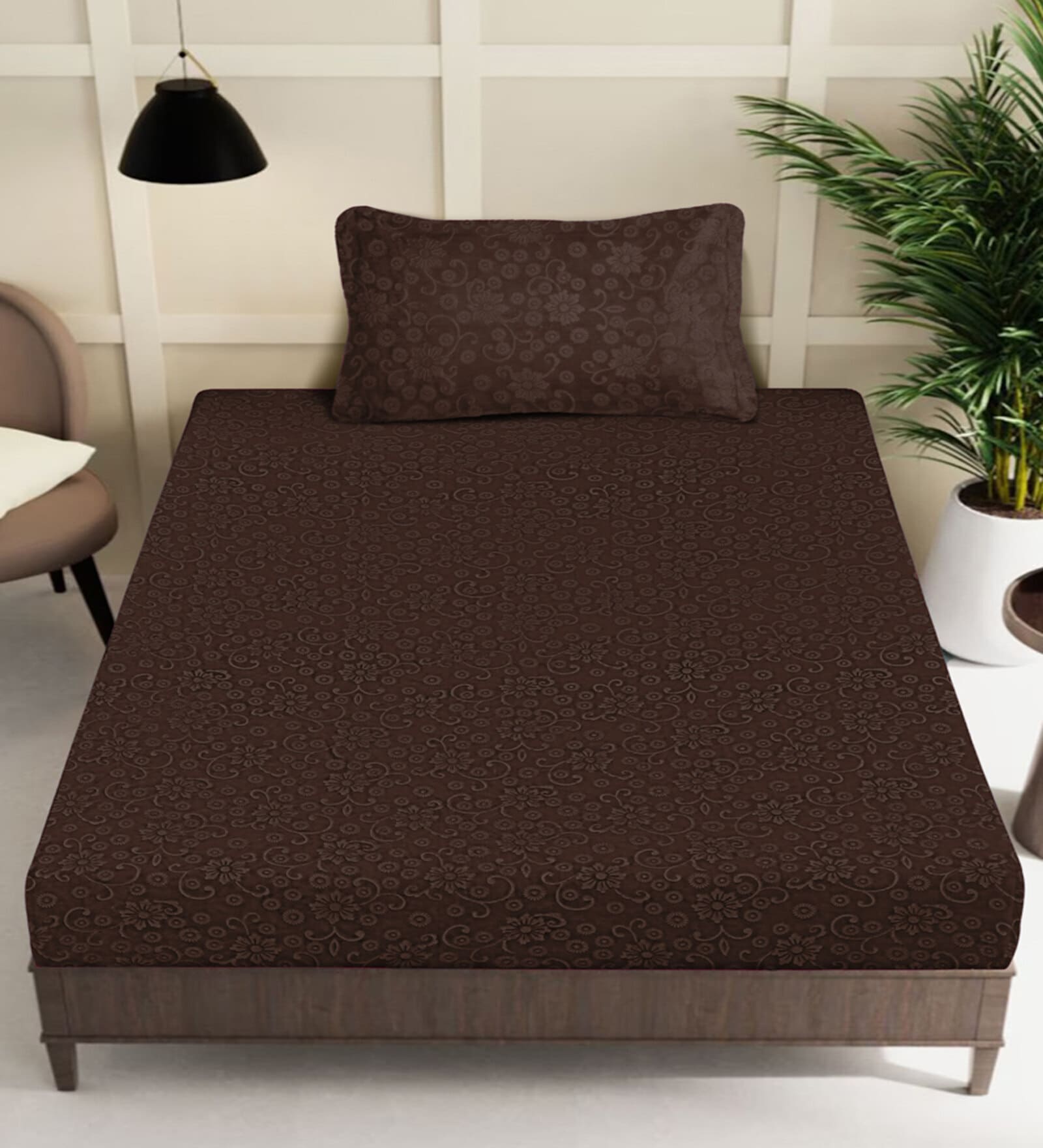 Brown Floral 300 TC Woollen Fitted Single Bedsheet with Pillow Cover