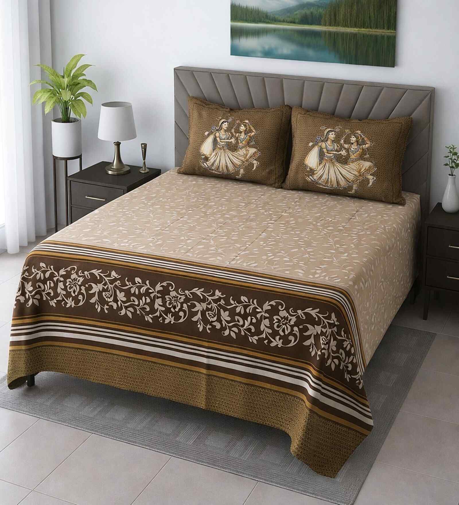 Brown Floral 400 Tc Cotton Super King Size Bedsheet With 2 Pillow Covers
